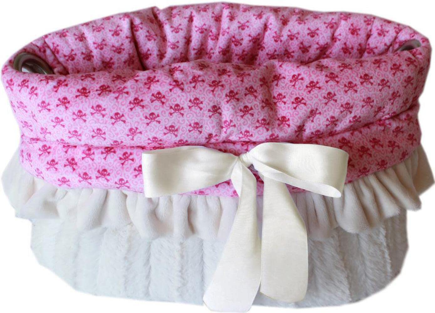 Dog, Puppy & Pet or Cat Reversible Snuggle Bugs Pet Bed, Bag, and Car Seat All-in-One, "Light Pink or Baby Blue Skulls" Light Pink Skulls