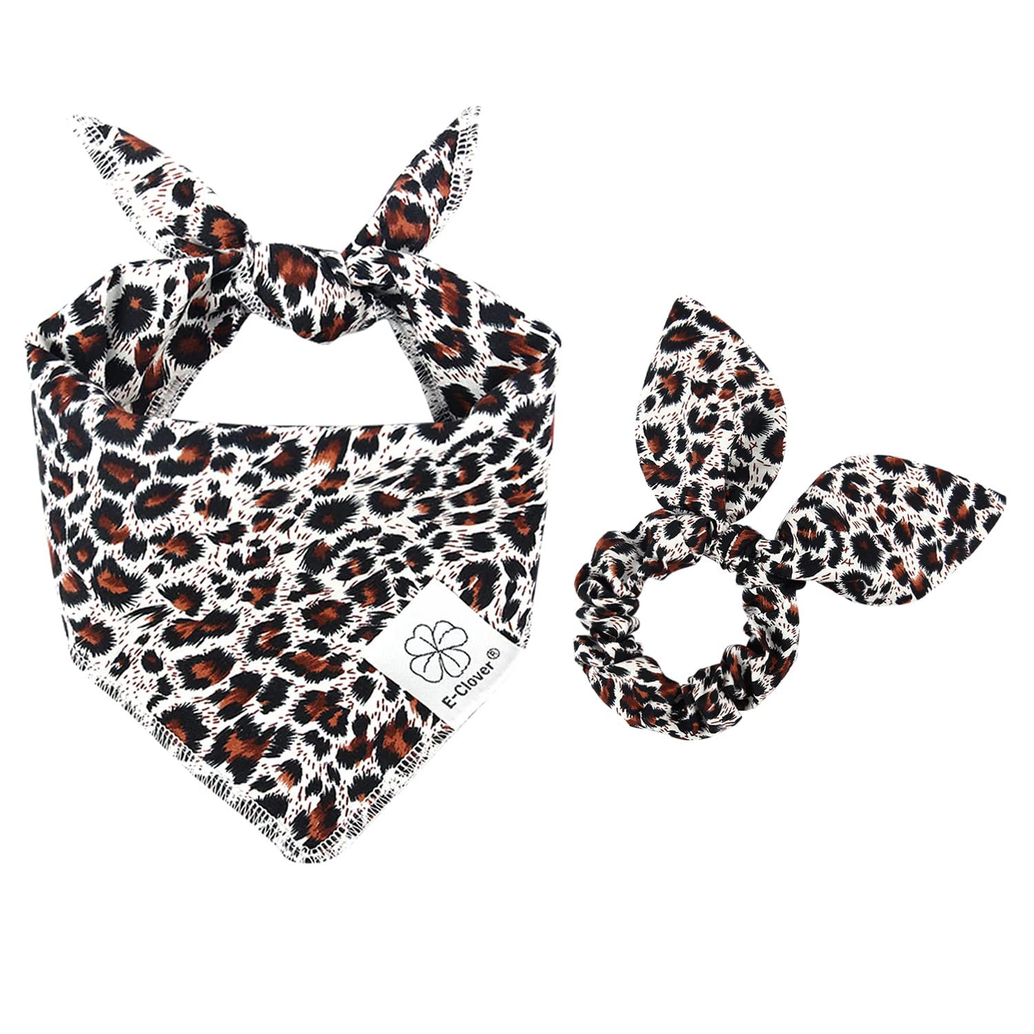E-Clover Dog Bandanas & Matching Scrunchie Set Leopard Dog Bandana Bibs Washable Kerchief Scarf For Medium Large Dogs & Owner