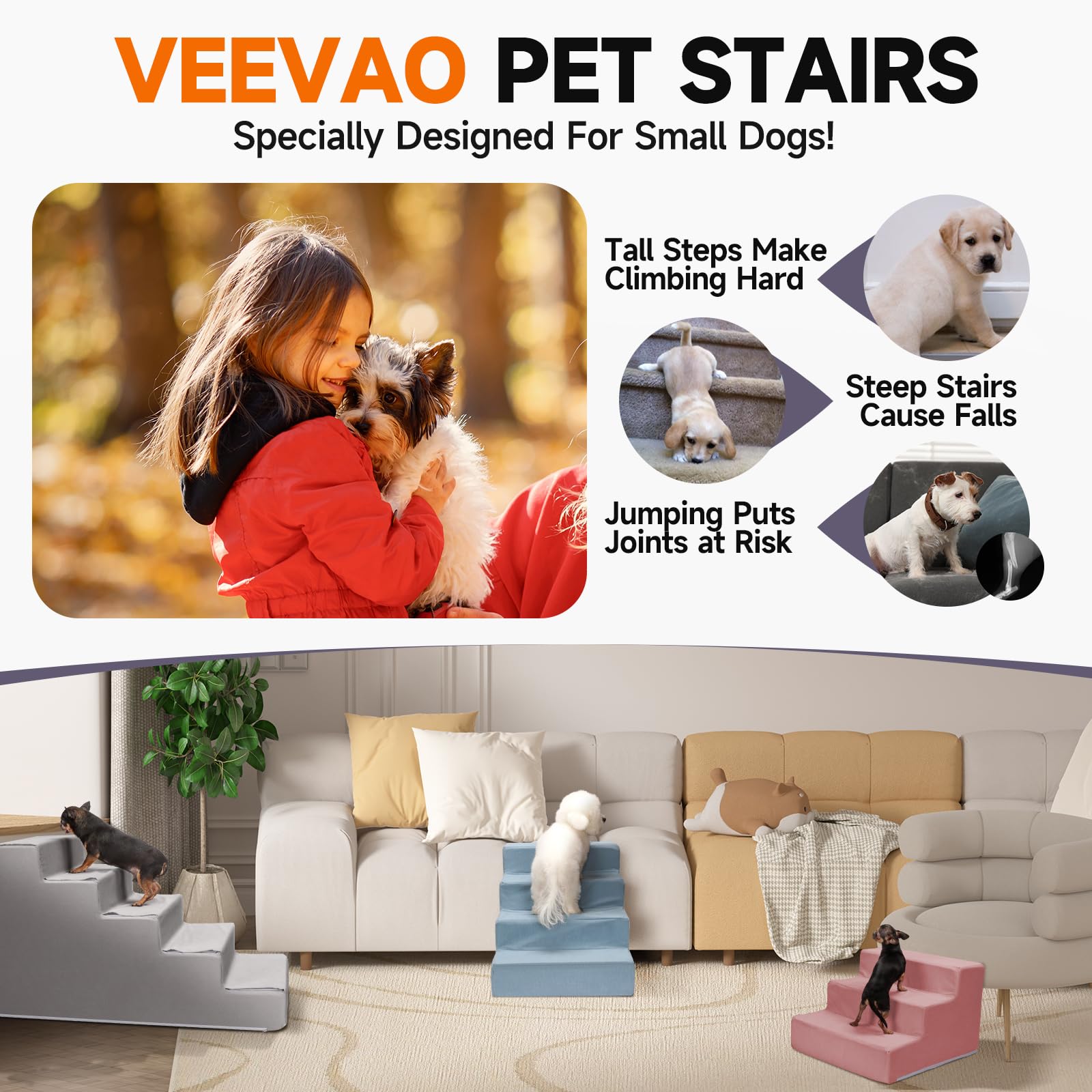 VEEVAO Pet Stairs for Small Dogs & Cats - 3/4/5 Steps, Non-Slip Extra Wide Design, Gentle Angle for Joint Protection, High Densi