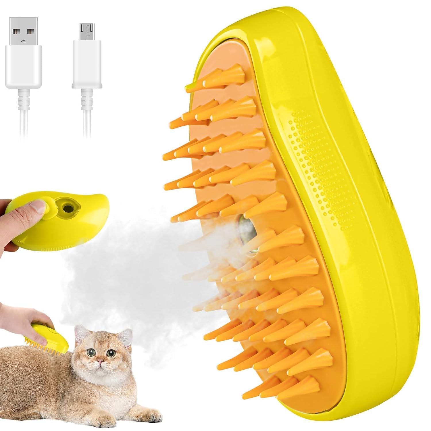 Dhruti Enterprise Pet Steam Grooming Brush For Cats And Dogs, 3In1 Design With Usb Charging, Yellow