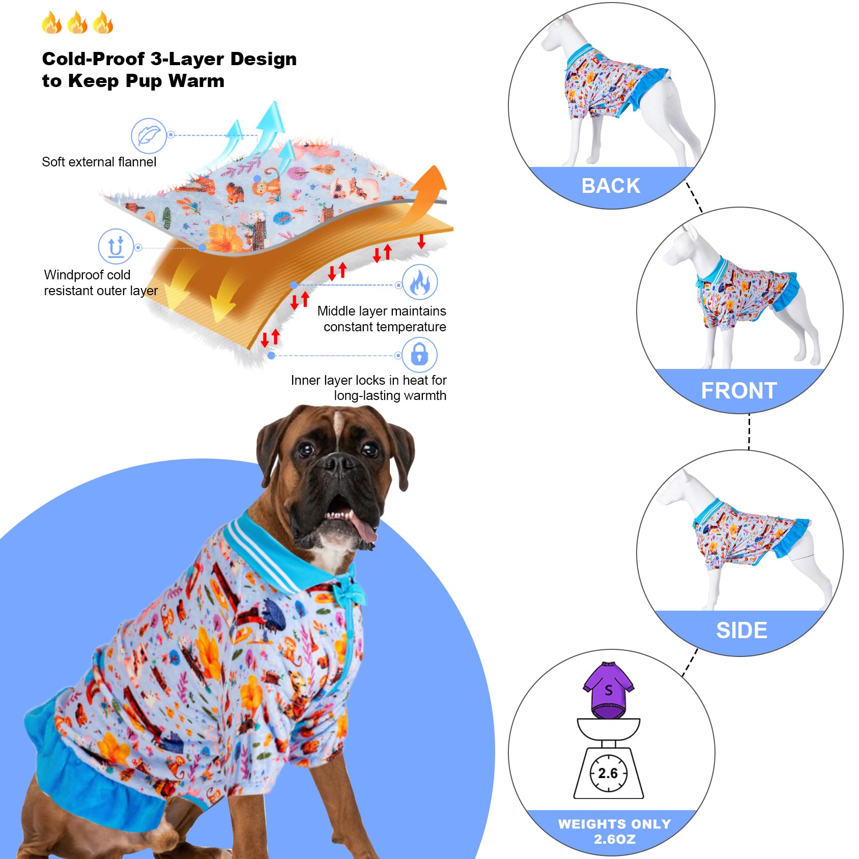 Lovinpet Large Dog Jacket, Warm Flannel Fabric, Woodland Musicians Forest Jam Breeze Prints, Dog Sweater, Winter Coat For Cold W
