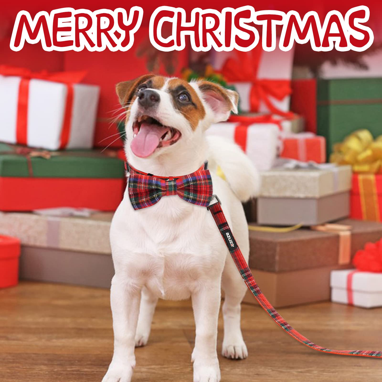 Azuza Christmas Buffalo Dog Collar And Leash Set, Classic Plaid Collar With Removable Bowtie And Matching Leash For Medium Dogs