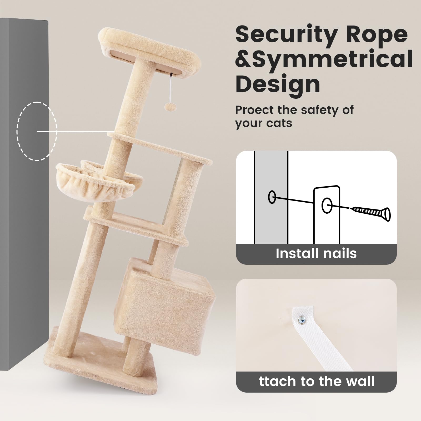 Gardner Pet 65in Heavy Duty Cat Tree Tower, Multi-Level Cat Furniture, Replaceable Sisal Post, Beige, Model GP01E0725YL