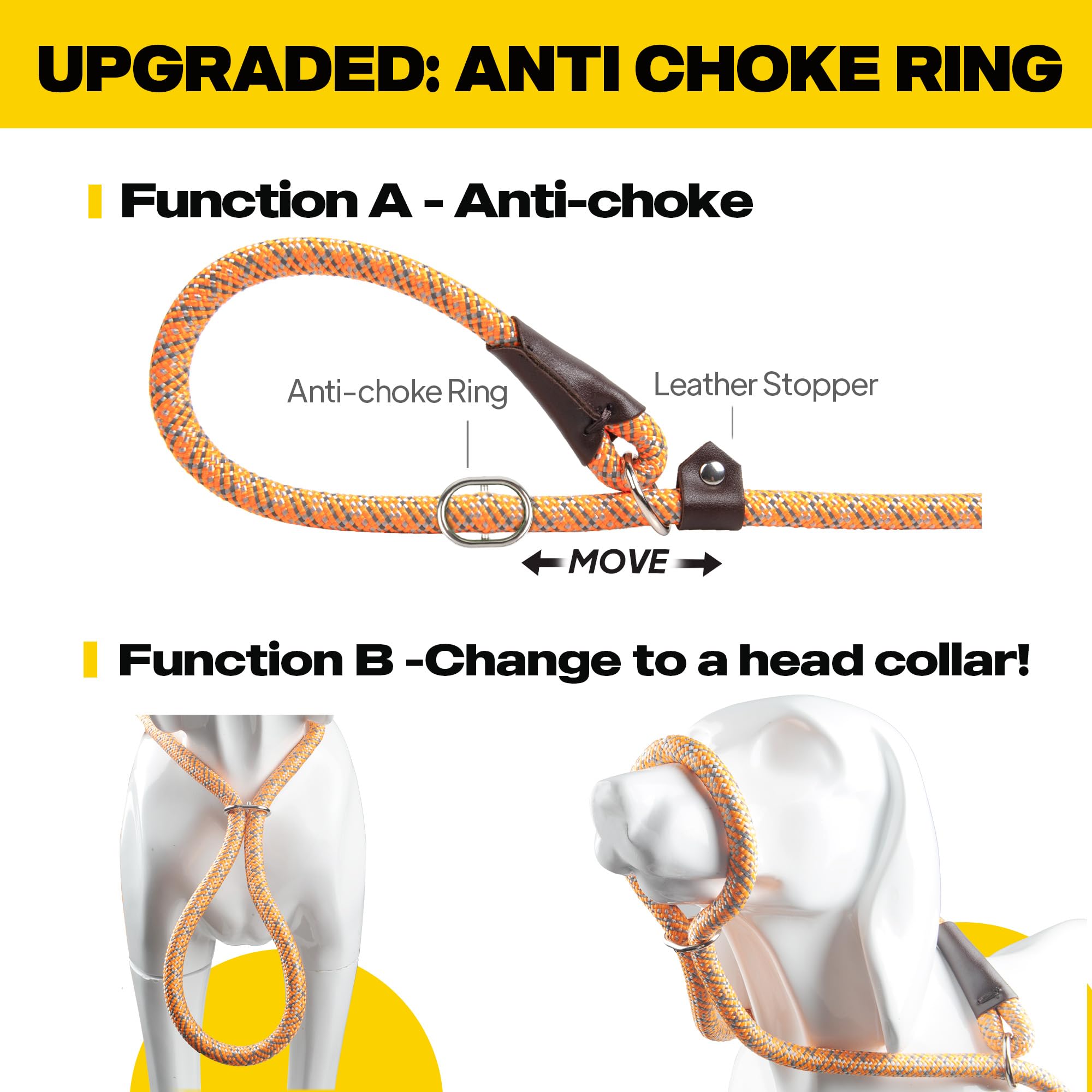 Fida Durable Slip Loop Lead For Large, Medium Dogs, 6 Ft X 1/2' Heavy Duty, Comfortable Strong Rope, No Pull Pet Training Leash With Highly Reflective, Orange
