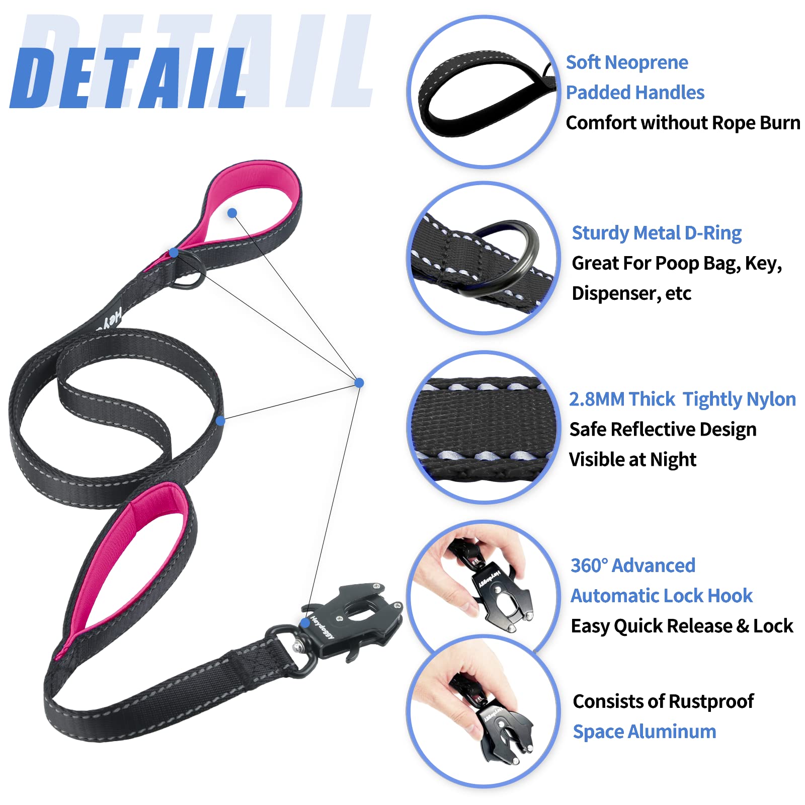 Strong Heavy Duty Dog Leash - 5Ft Reflective Nylon Training Leash With Soft Padded Double Handle & Auto Lock Frog Clip - Safety Traffic Control For Large Medium Small Dogs No Pull Walk Black Pink,5Ft