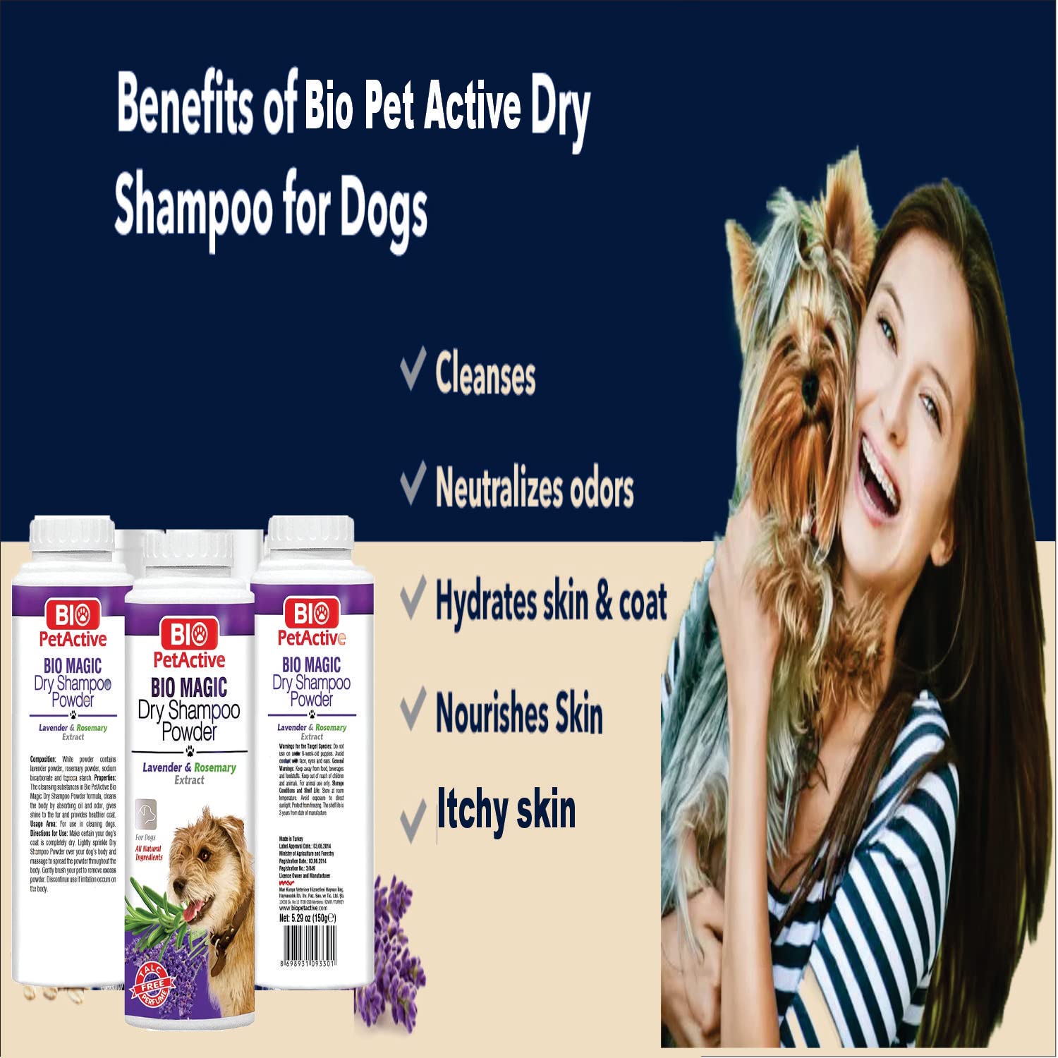 Bio Magic Dry Shampoo Powder With Lavender And Rosemary For Dogs | Cleansing And Moisturizing Perfume And Talc Free Suitable For