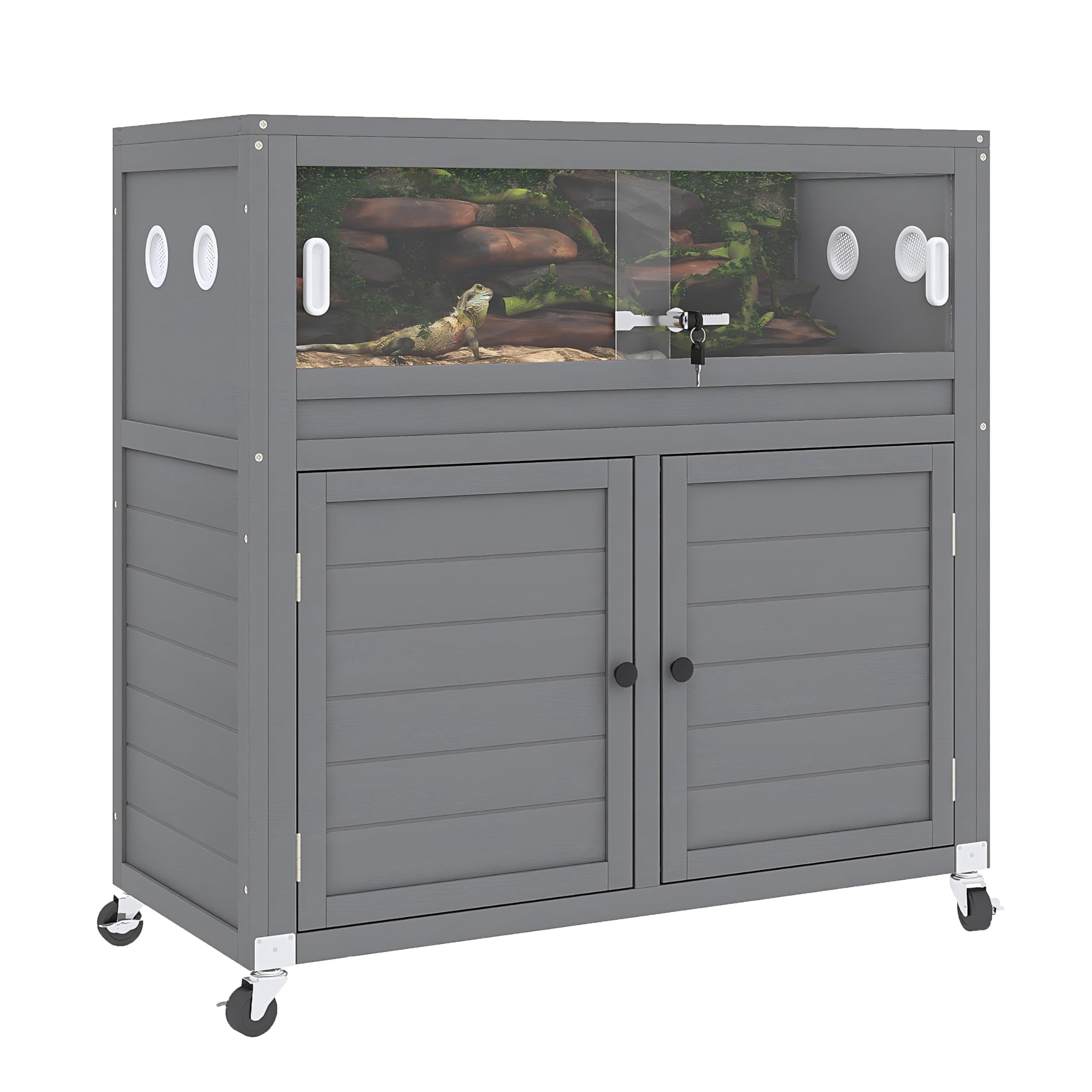 NEOCOZY 30 Gallon Reptile Tank with Storage Cabinet and Stand,Solid Wood Reptile Enclosure with Safe Lock and Universal Wheels,I
