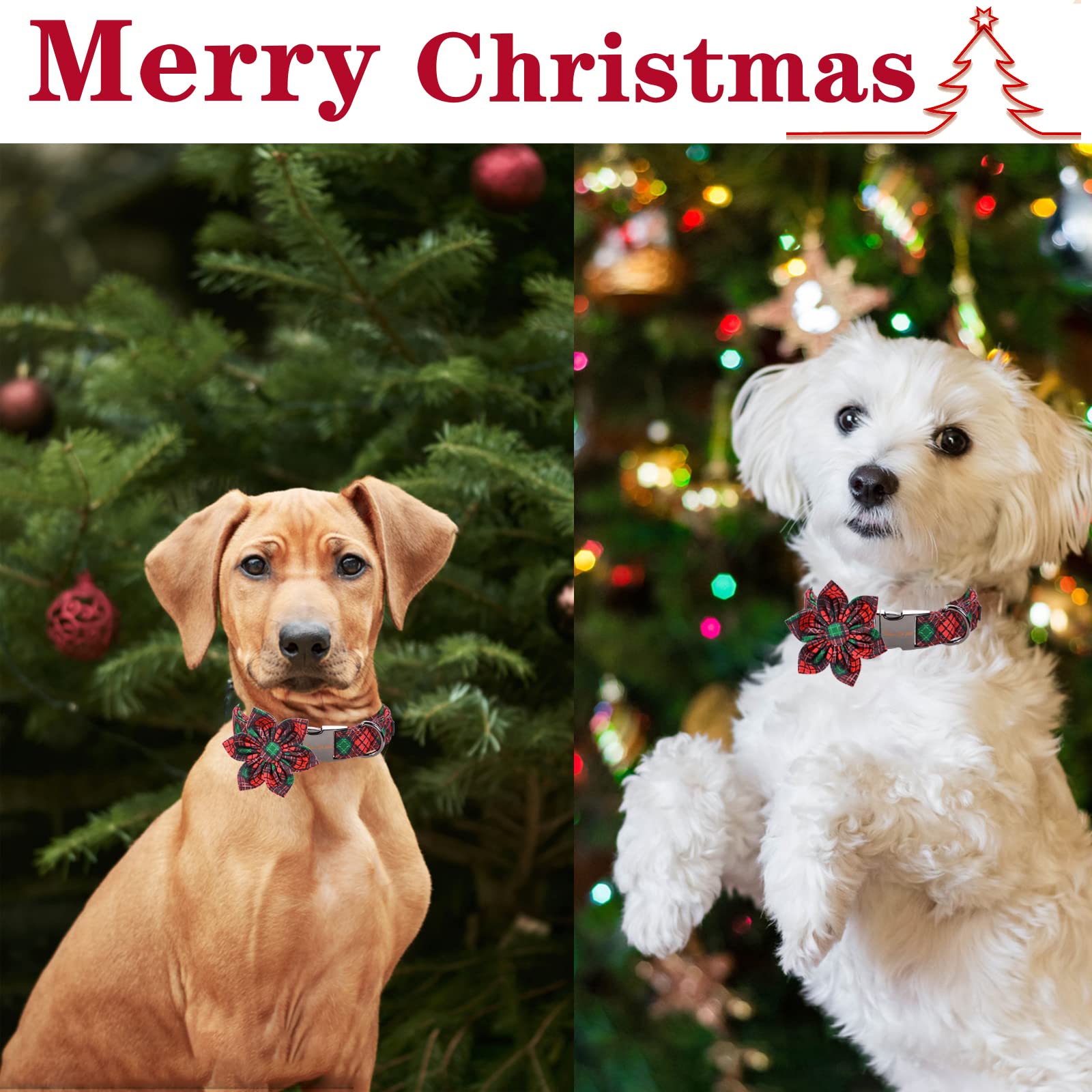 Unique Style Paws Christmas Dog Collar With Flower Tie Red Green Plaid Adjustable Cotton Puppy Collar For Small Medium Large Dogs-Xl