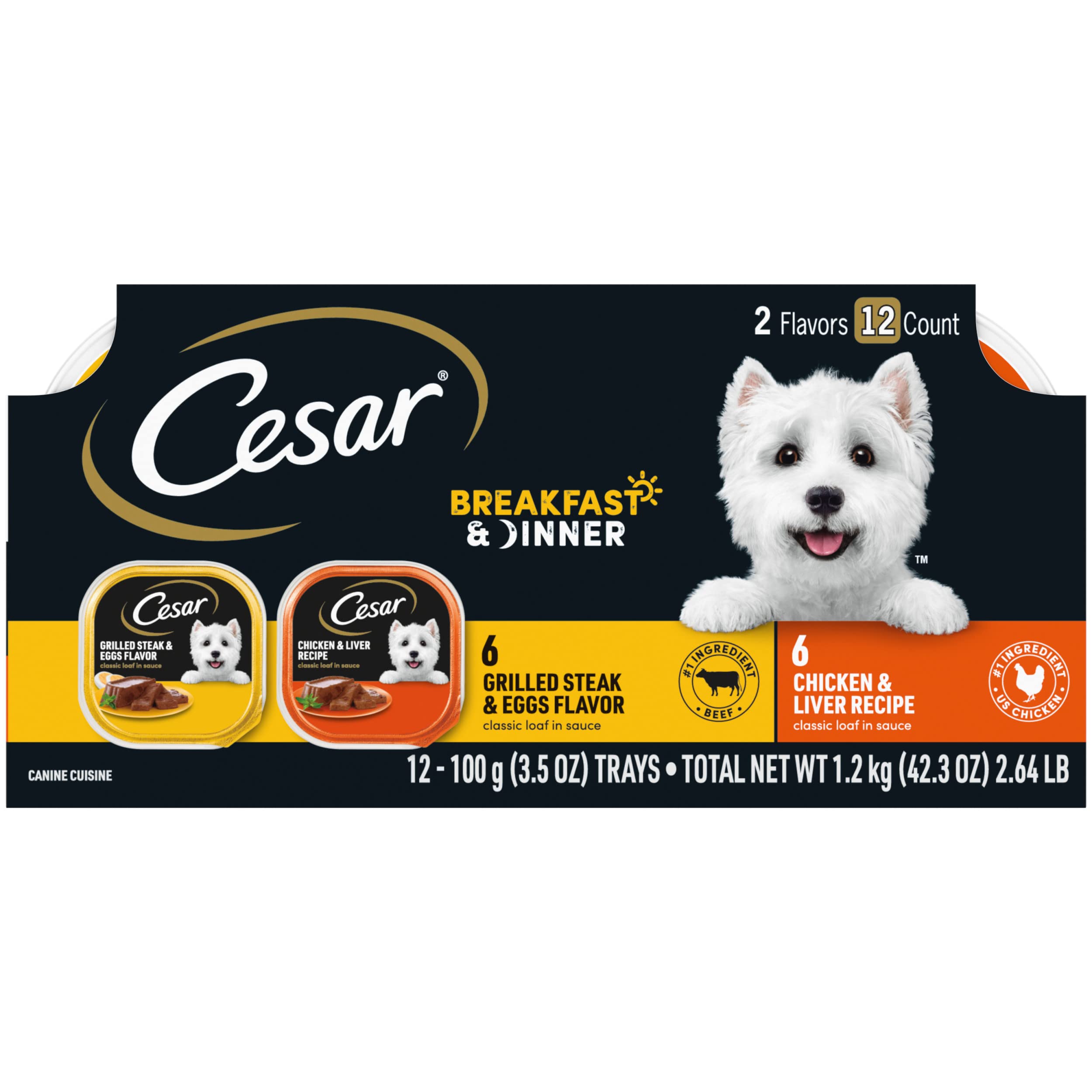 Cesar Wet Dog Food Classic Loaf in Sauce Breakfast and Dinner Mealtime Variety Pack, 3.5 oz. Easy Peel Trays (12 Count, Pack of 