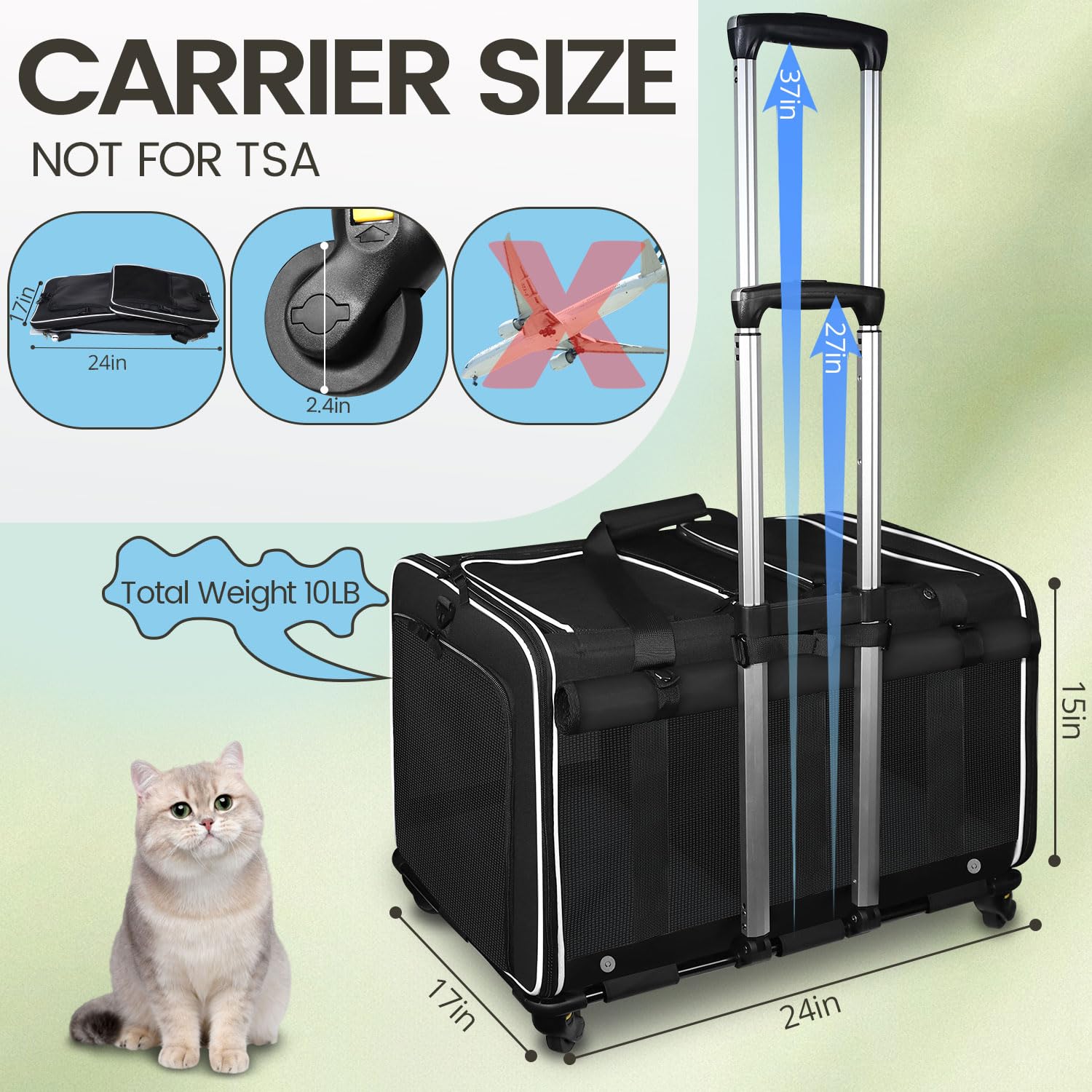 Petskd Large Rolling 2 Compartments Pet Carrier For 2 Cats Or A Medium Dog, 24''X 17''X 15'' Double Cat Carrier With Wheels And