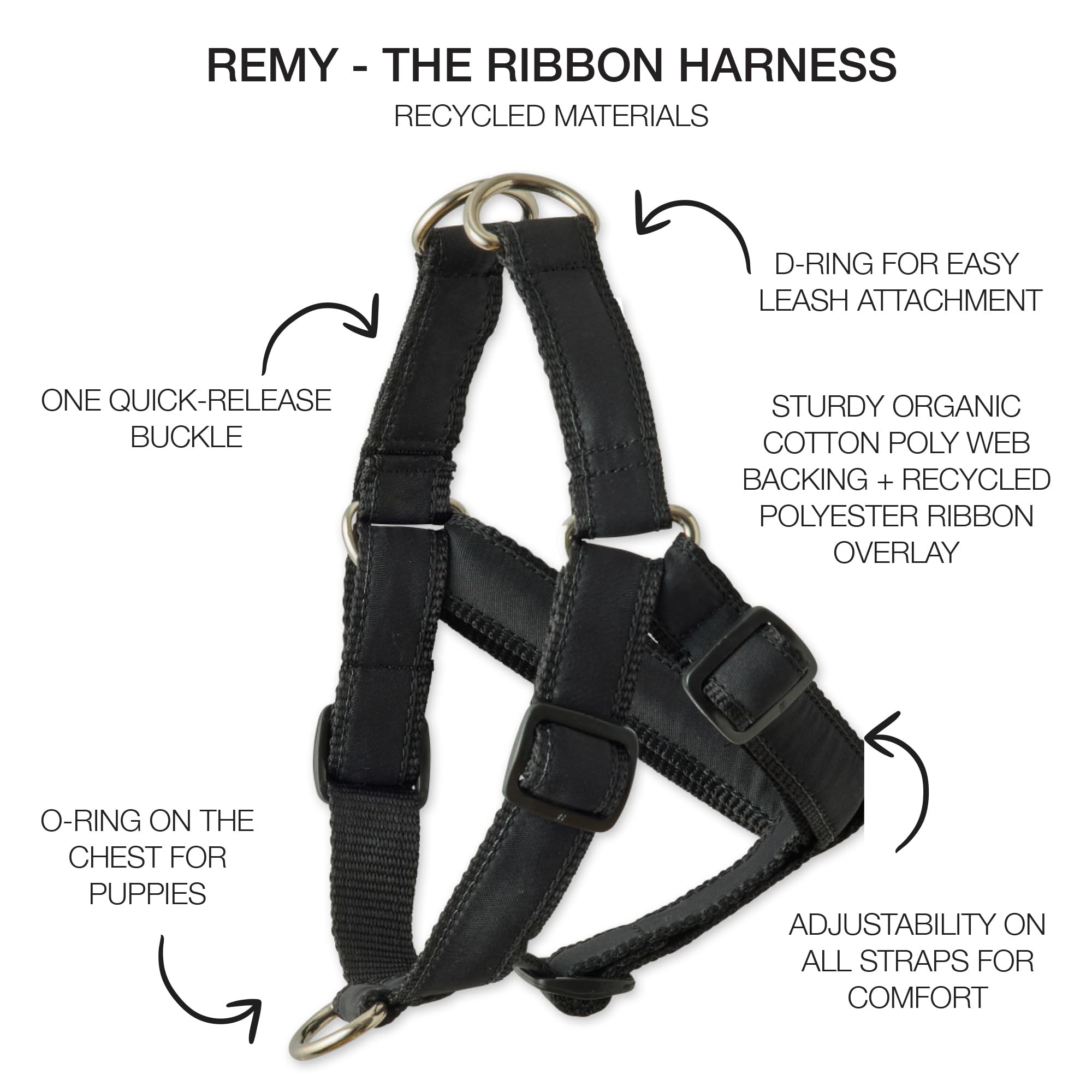 Pet Passion Remy - The Recycled Ribbon Harness, Black, Small