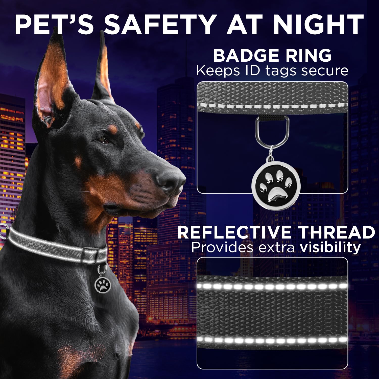 Teceum Reflective Pet Collar - Gray - Xxs - Extra Soft Padding - Basic Nylon Dog Collar - Quick Release Buckle - Fits Small, Med