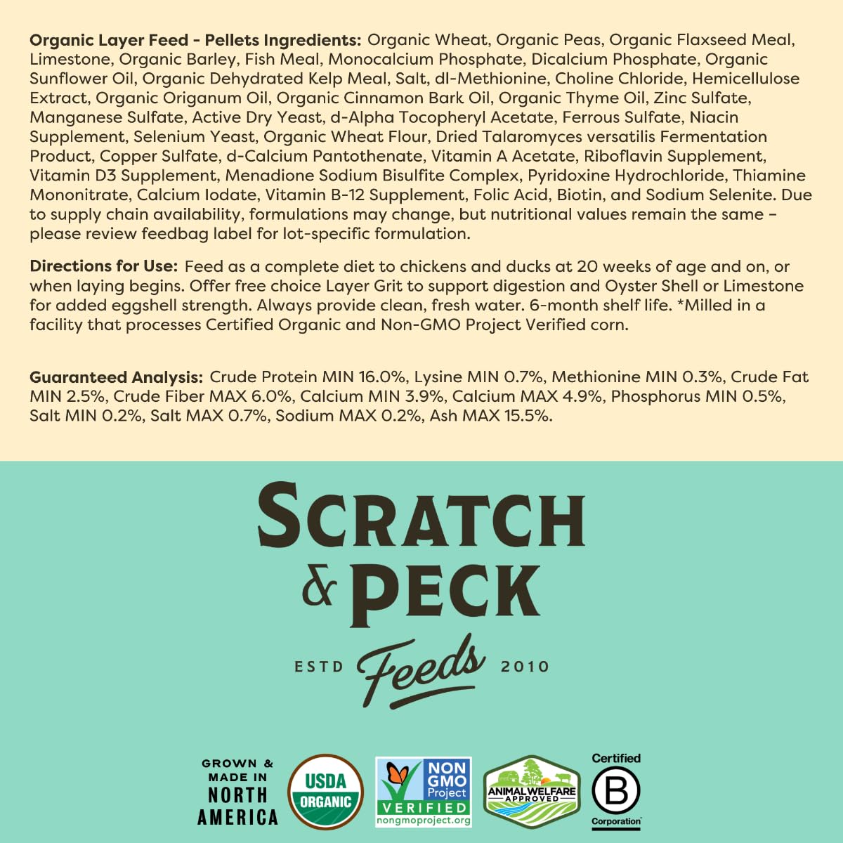 Scratch and Peck Whole Grain Layer Pellets Chicken and Duck Feed - 25 lbs Bag - Corn-Free and Soy-Free - 16% Protein, Certified