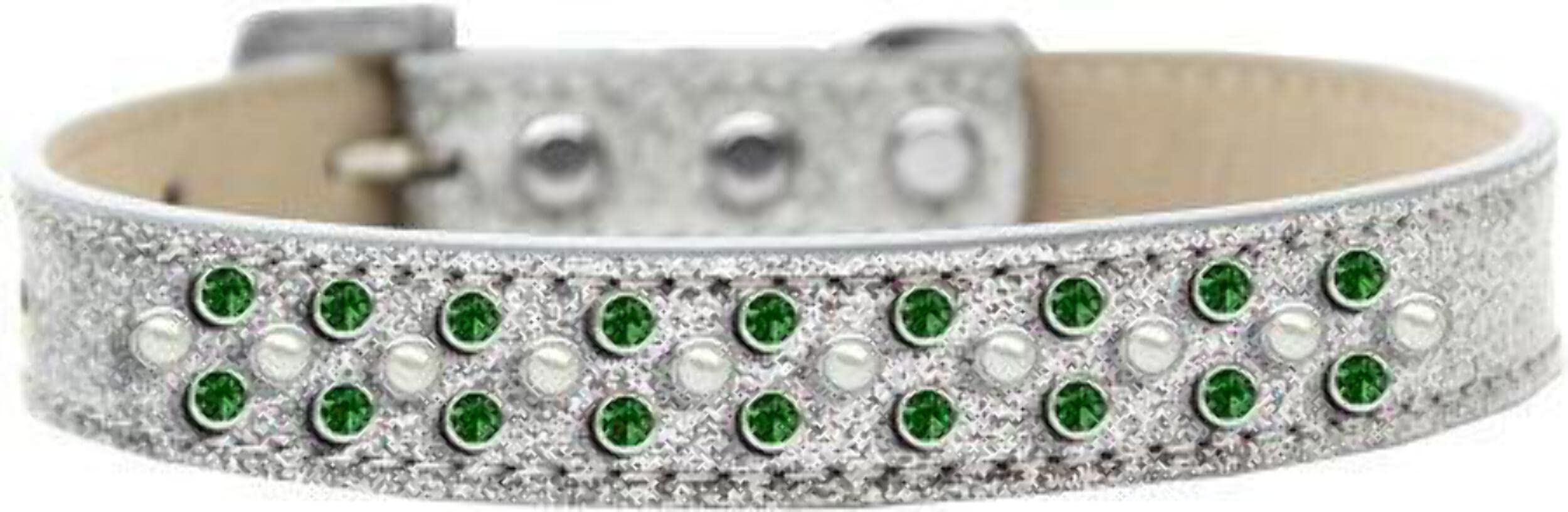 Mirage Pet Products Sprinkles Ice Cream Dog Collar with Pearl and Emerald Green Crystals, Size 14, Silver