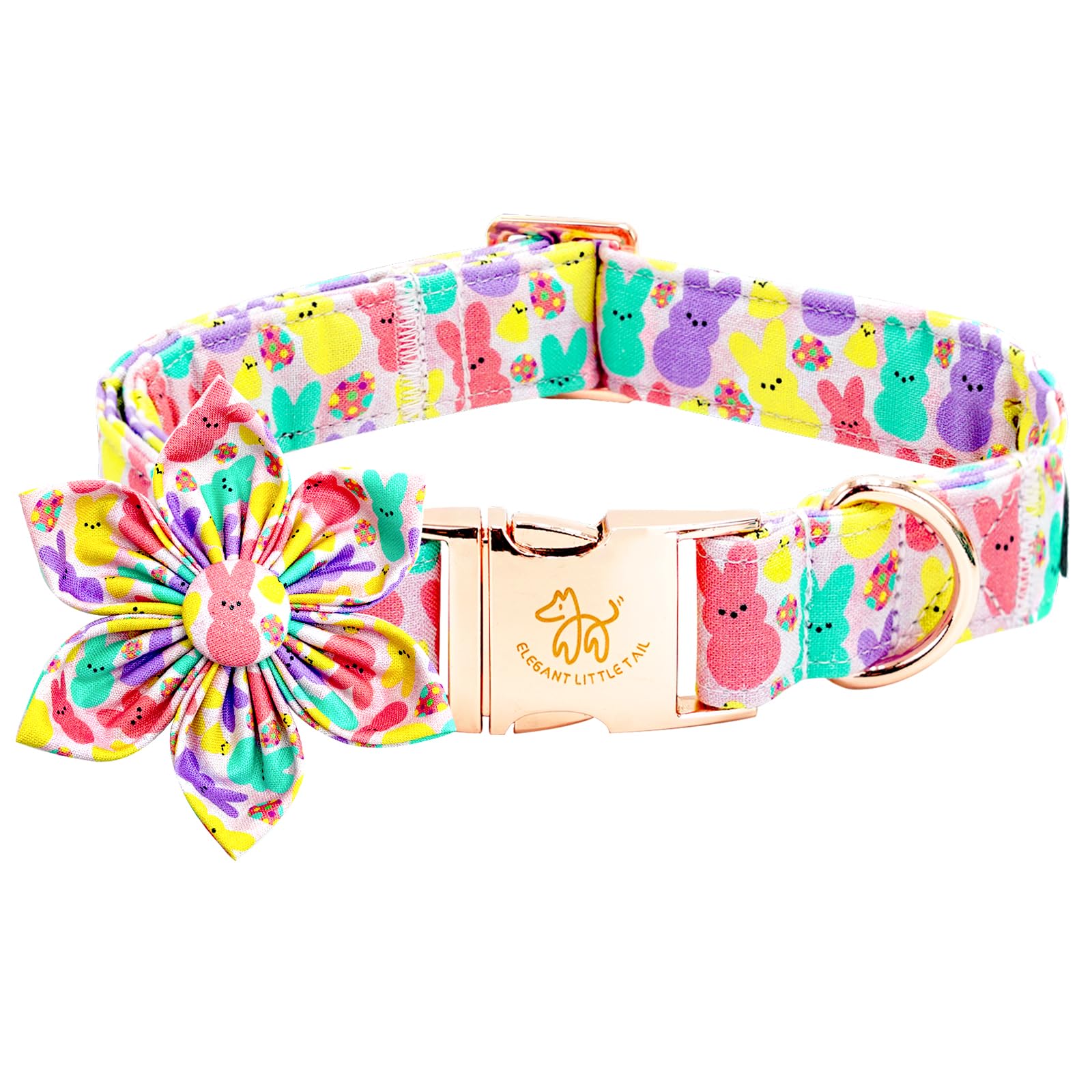 Elegant Little Tail Pink Bunny Print Dog Collar, Adjustable X-Small Puppy Collar With Removable Flower Bow, 8-12 Inches