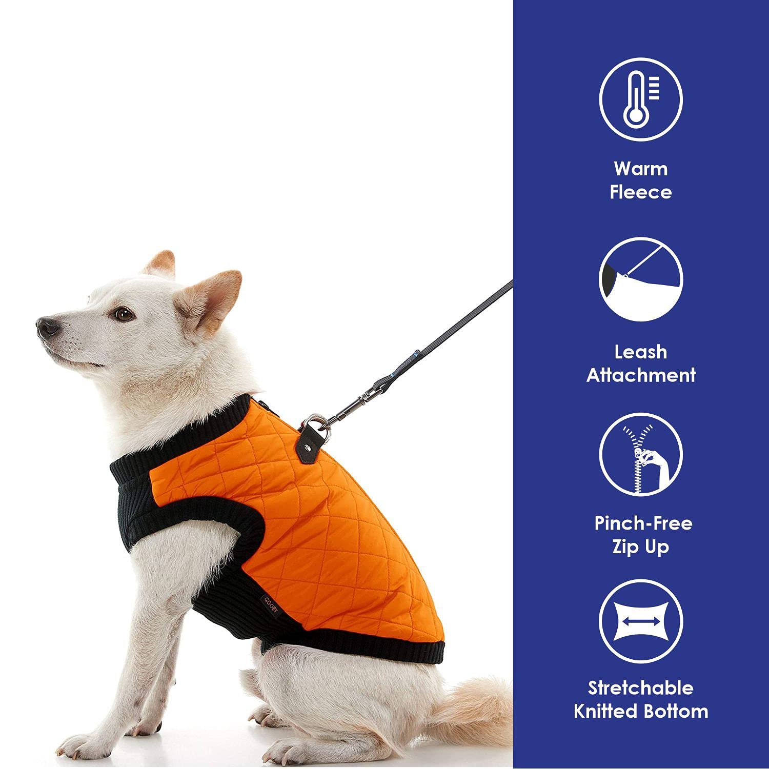 Gooby Fashion Vest Dog Jacket - Orange, Large - Warm Zip Up Dog Bomber Vest With Dual D Ring Leash - Winter Water Resistant Small Dog Sweater - Dog Clothes For Small Dogs Boy Or Medium Dogs