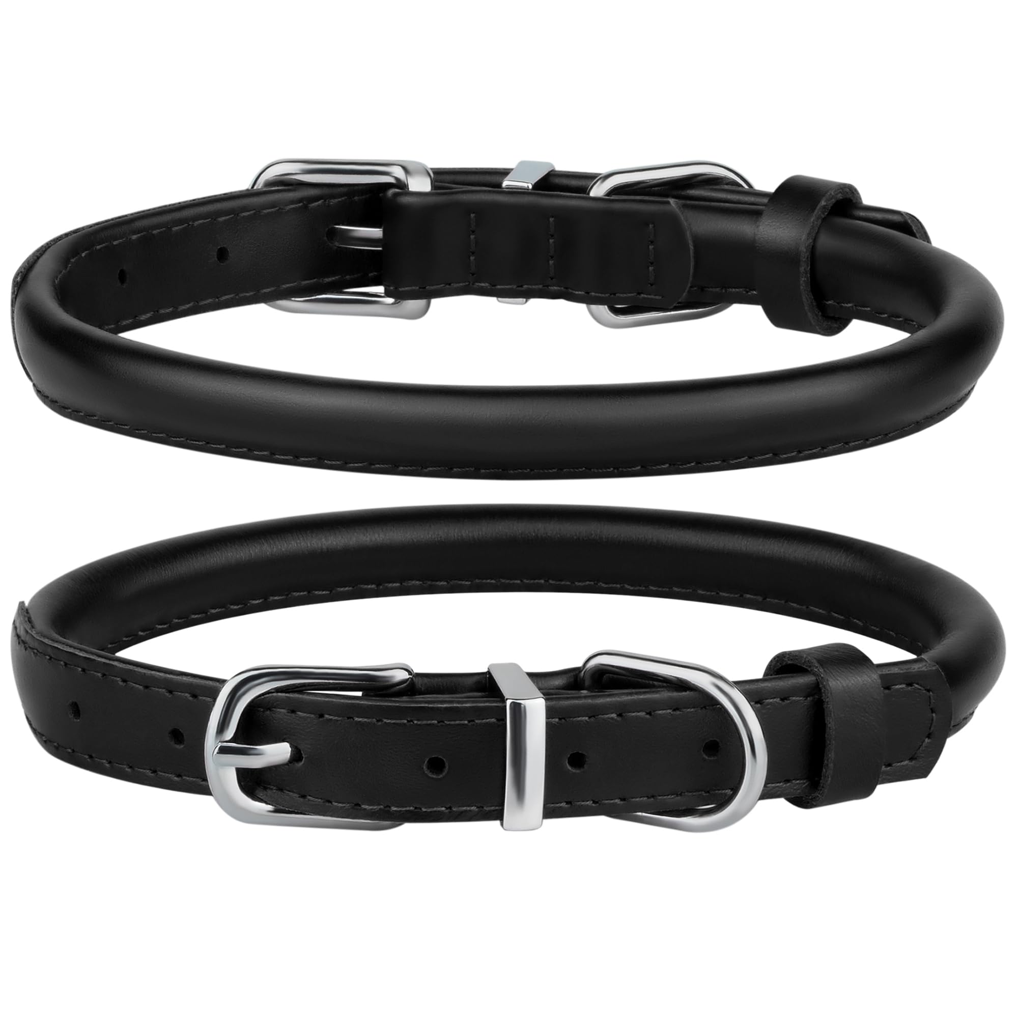 Bronzedog Rolled Leather Dog Collar For Small Medium Large Dogs With Qr Id Tag (L: 16-18 Inch, Glossy Black)