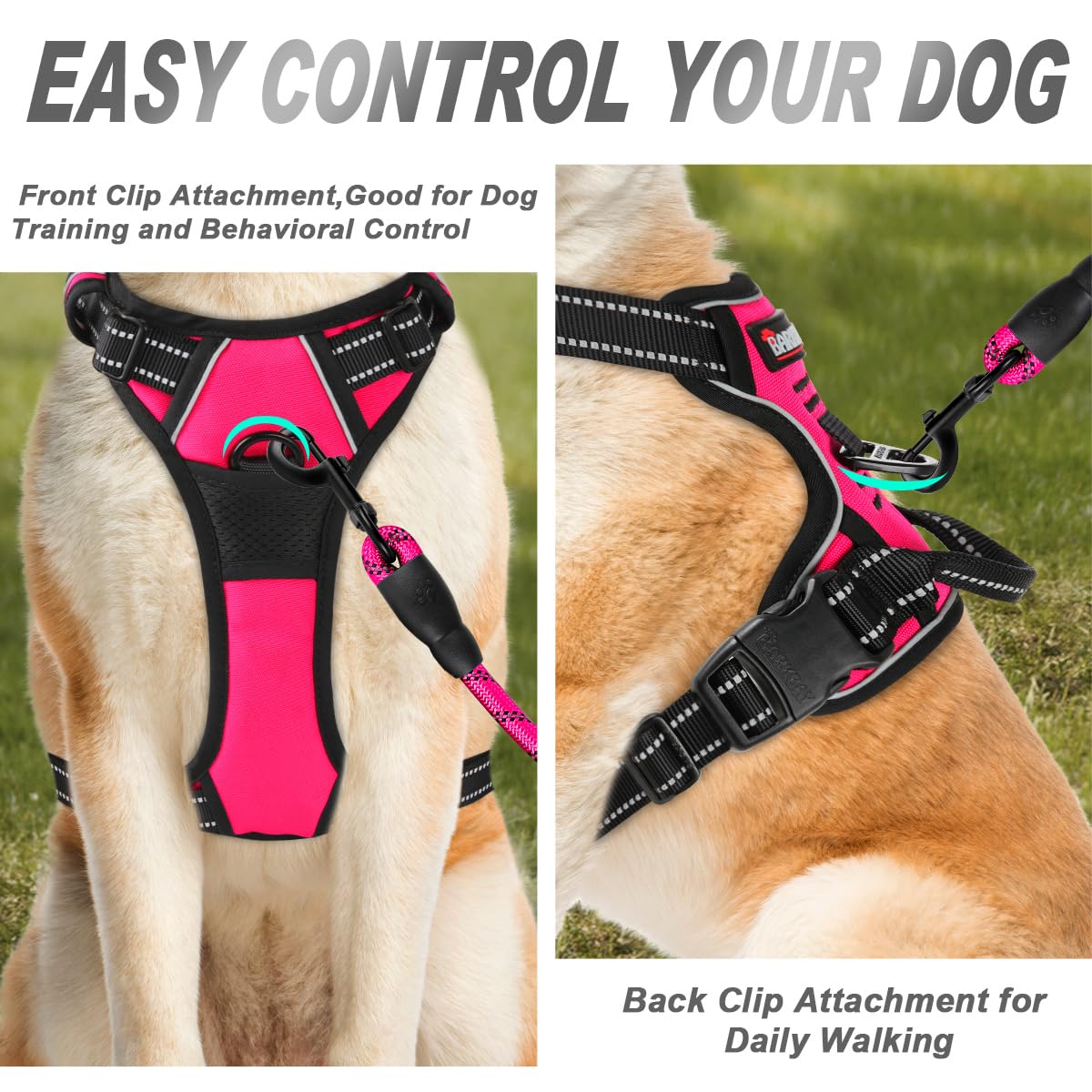 Barkbay No Pull Dog Harness Front Clip Heavy Duty Reflective Easy Control Handle For Large Dog Walking(Pink,S)