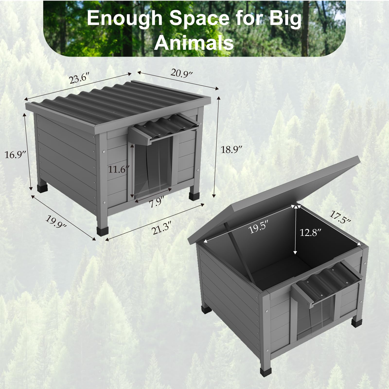 TIMHAKA Outdoor Cat House - Insulated Waterproof Shelter for Multiple Felines, 21.3"L x 19.9"W x 18.9"H, Grey Wood Construction