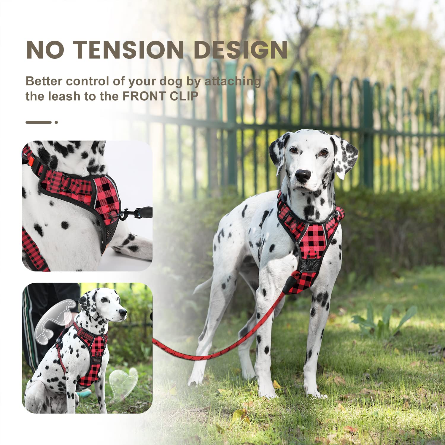 Furryfection Plaid Dog Harness For Extra Large Dogs, No Pull Reflective Pet Harness, No Choke Vest Harnesses With Leash, Easy Control Handle, Adjustable Front Lead & Seat Belt, Red & Black,Xl