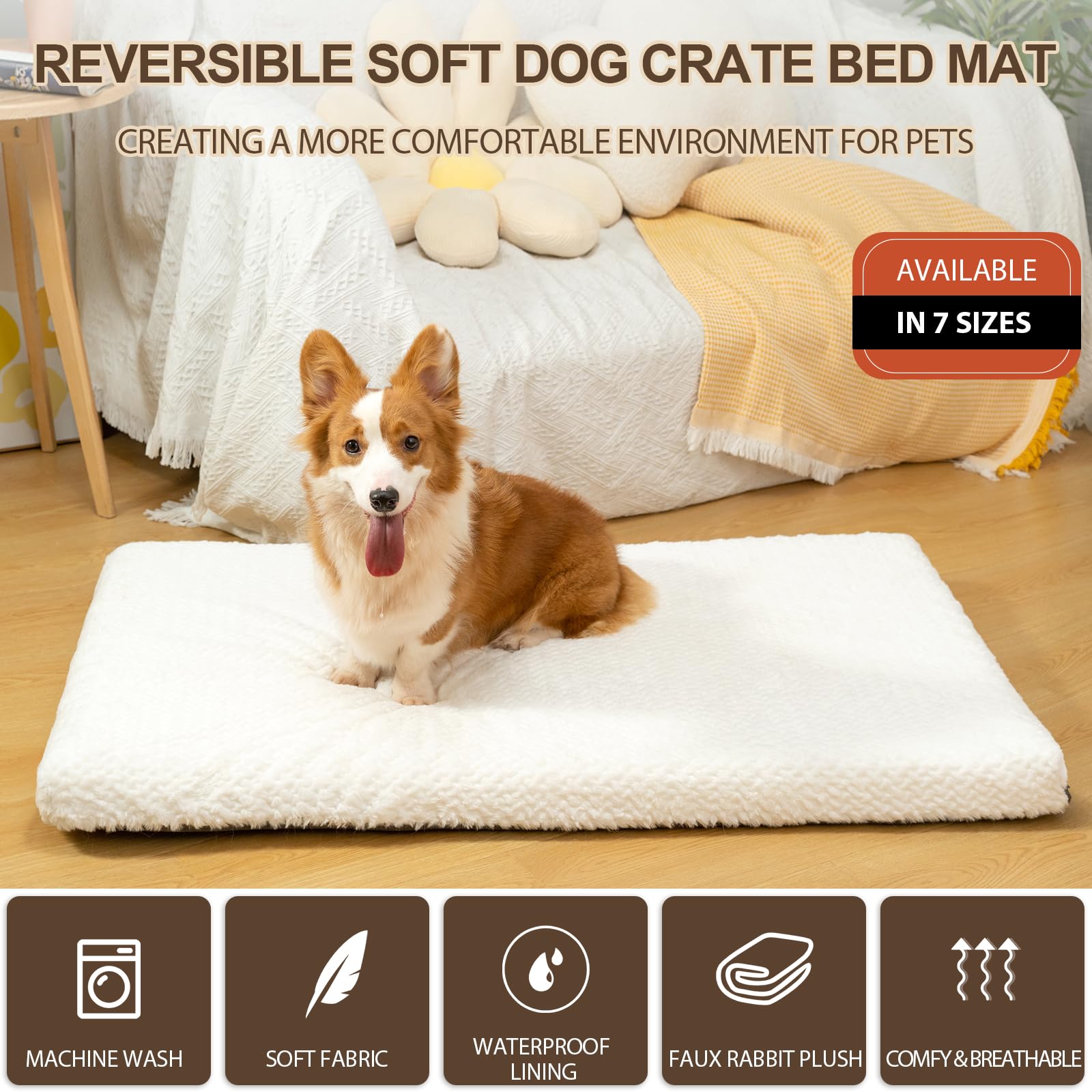 EMPSIGN Dog Crate Pad - Reversible, Machine Washable, Soft White Plush Bed for Dogs, 47"x29"x3"