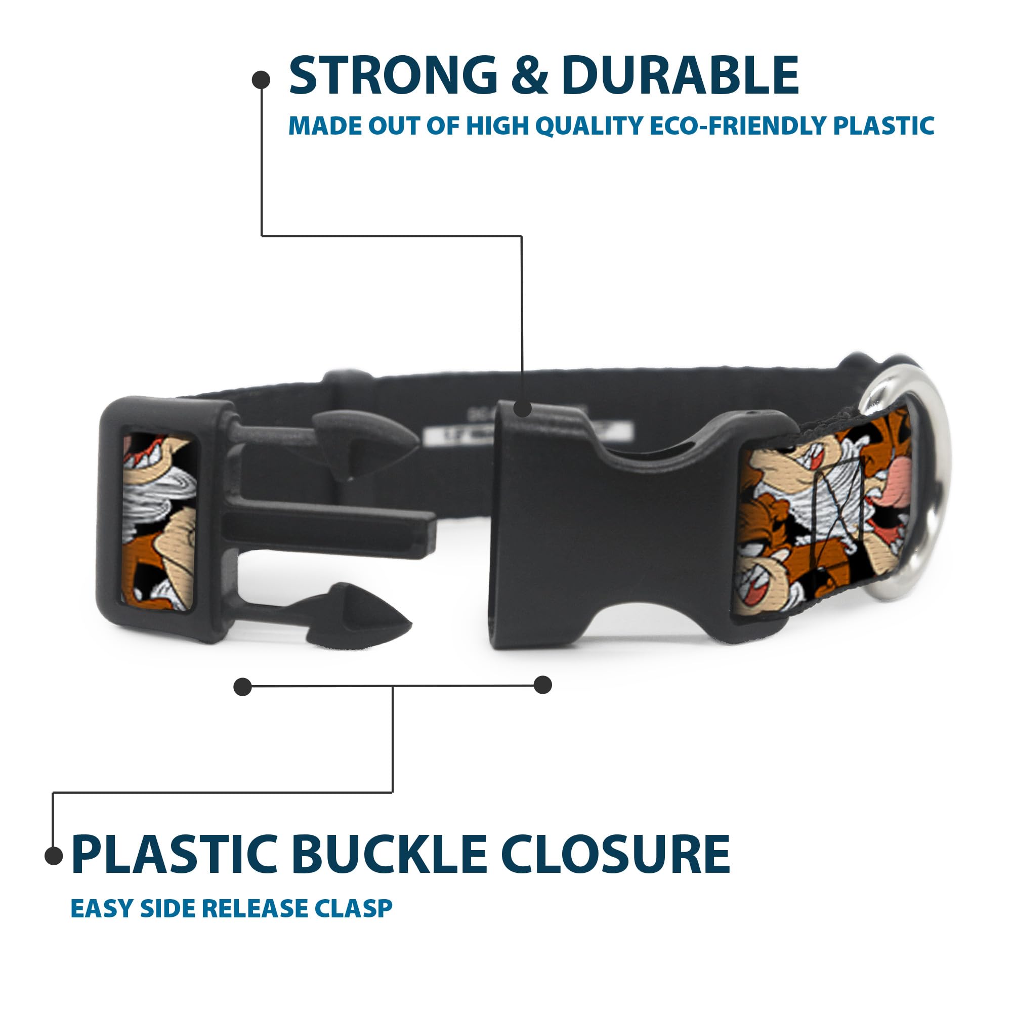 Dog Collar Plastic Clip Tasmanian Devil Vortex Poses Stacked Black 15 To 26 Inches 1.0 Inch Wide