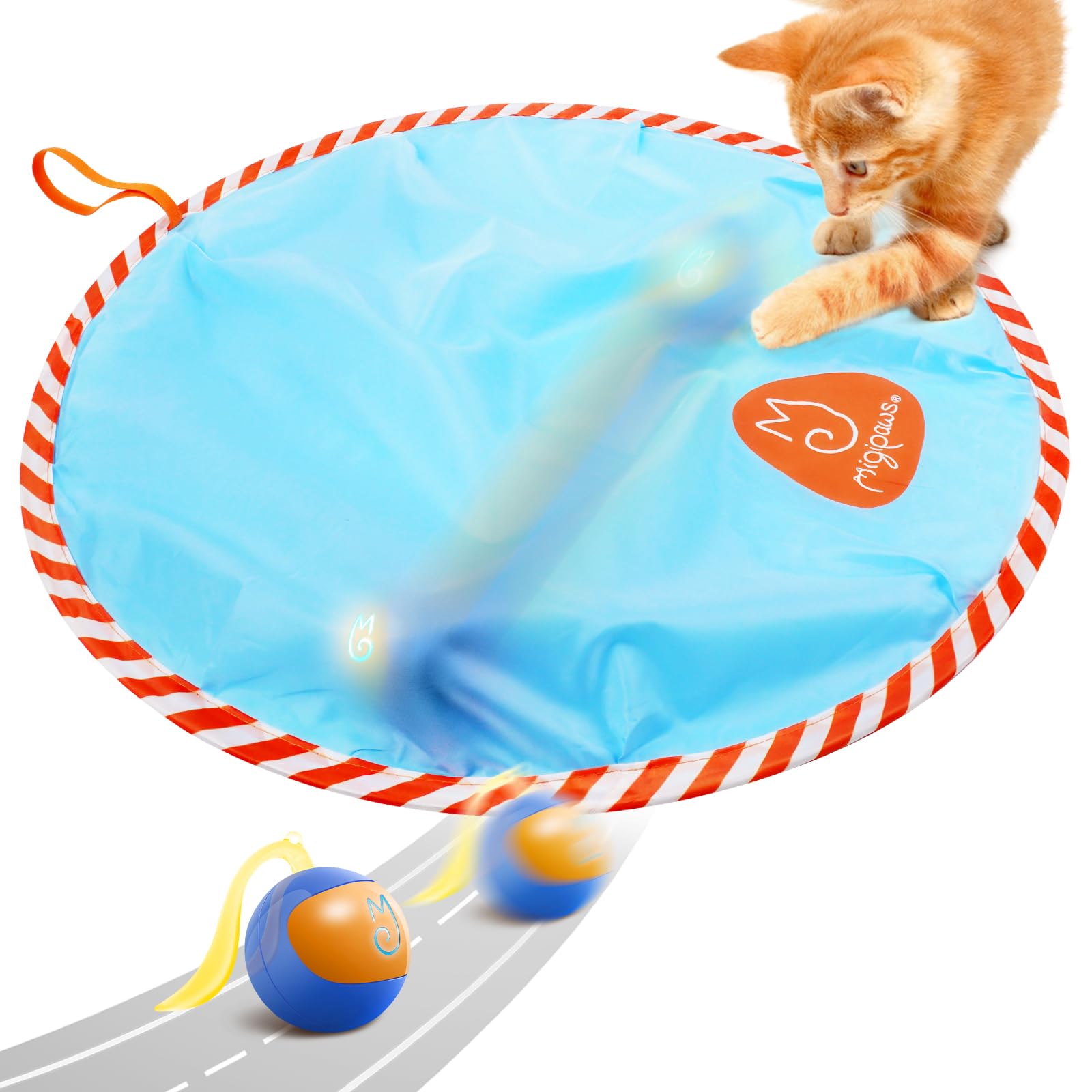 Migipaws Interactive Cat Ball Toy Set, Fun Tracker, Glowing Chase Ball with MystiChaser Pouch, Fluffy Tail, A Small Mice(Blue)