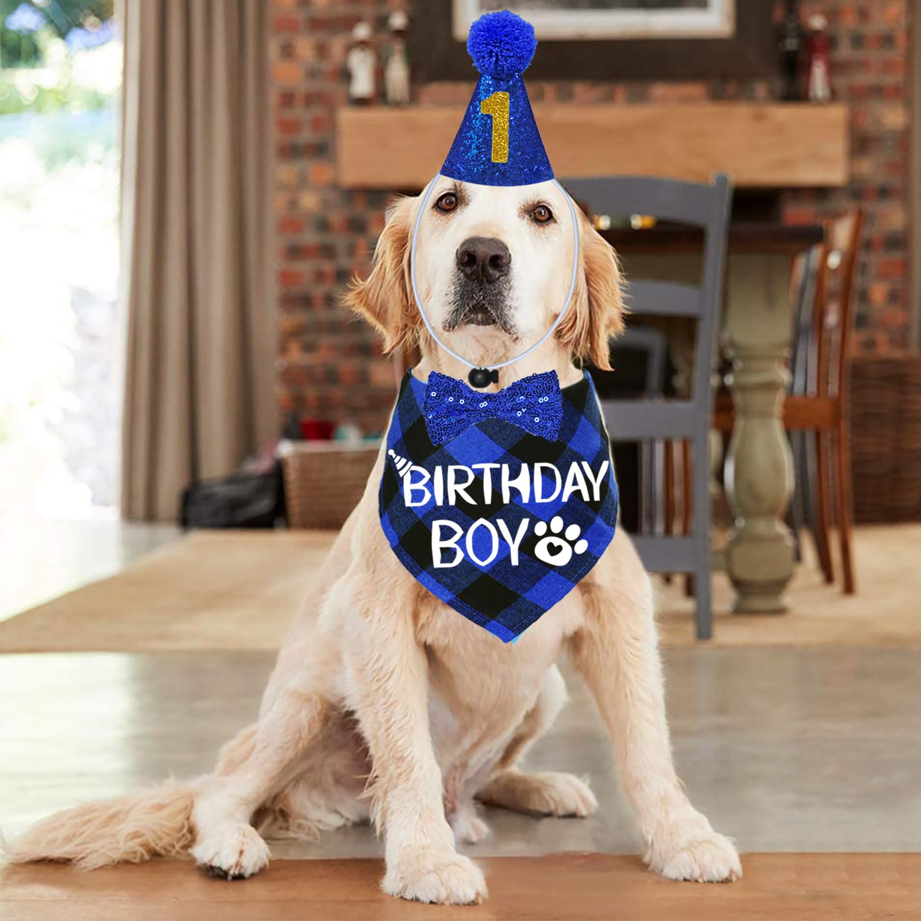 Stmk Dog Birthday Party Supplies, Multi Sizes Dog Birthday Hat With Numbers Bandana Bow Tie For Medium Large Dogs Pets (Large, B