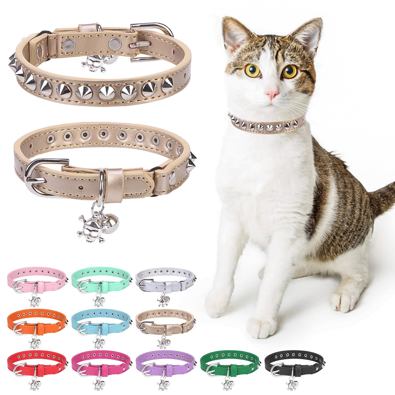 Dillybud Leather Cat Collars For Boy Girl Cats With Bell And Safety Elastic Belt, Personalized Rivets Stud Adjustable Safe Buckle Collar With Skull Charm For Kitty Small Pets, Halloween Cat Collar