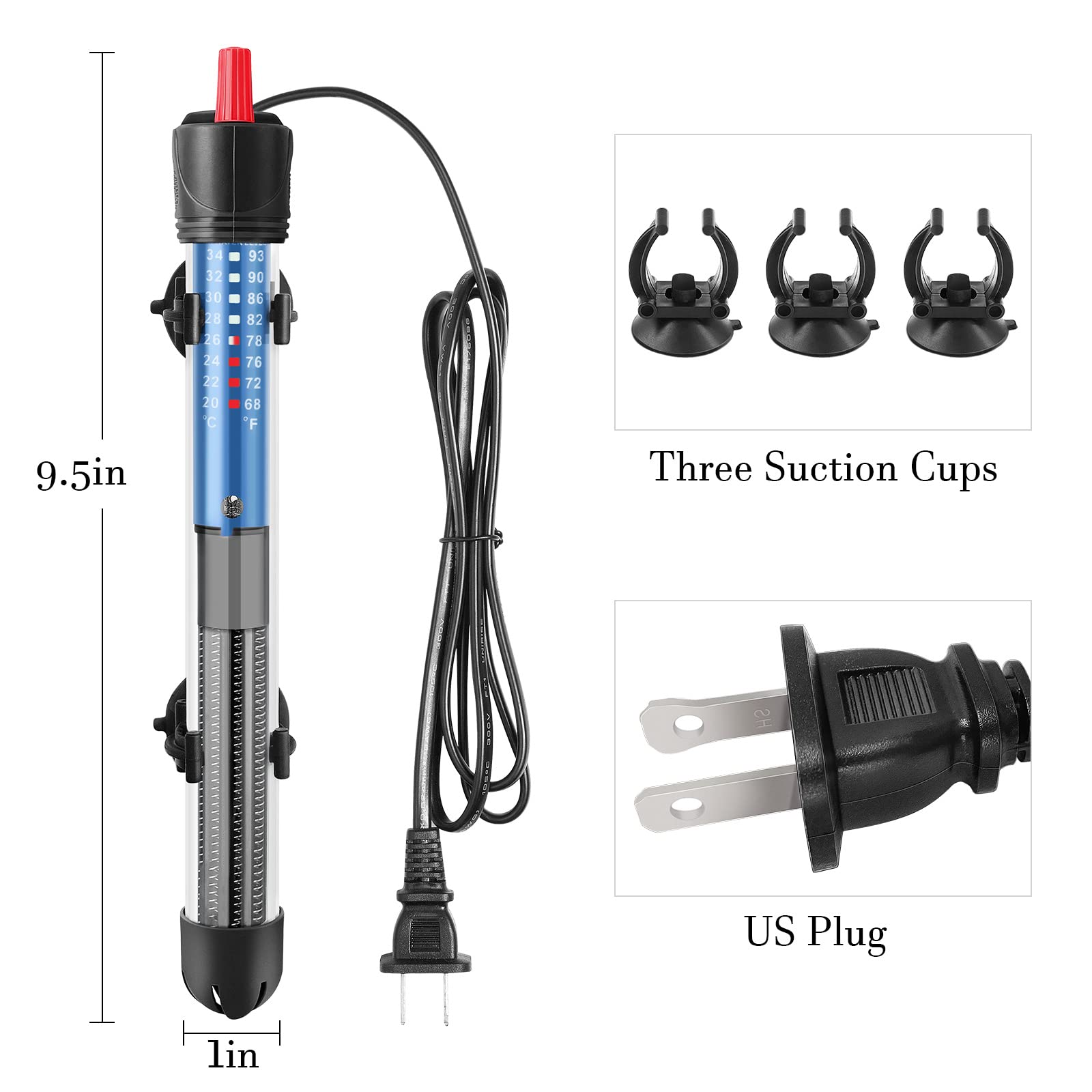 HITOP 100W Adjustable Aquarium Heater, Submersible Glass Water Heater for 5-70 Gallon Fish Tank, Model HP-608