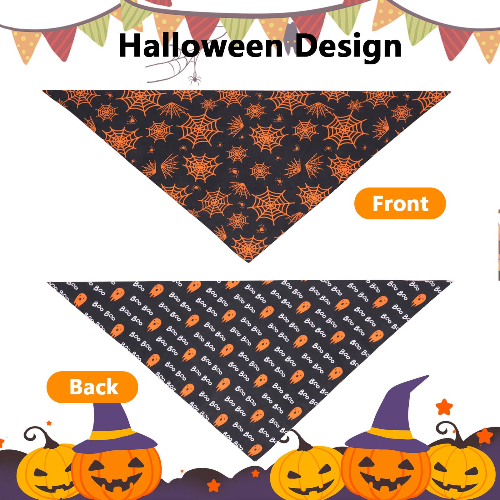 Gofshy Halloween Dog Bandanas Small 2Pcs, Reversible Triangle Dog Scarfs With Pumpkin, Spide, Bat, Ghost, Fall Puppy Bandanas Bi