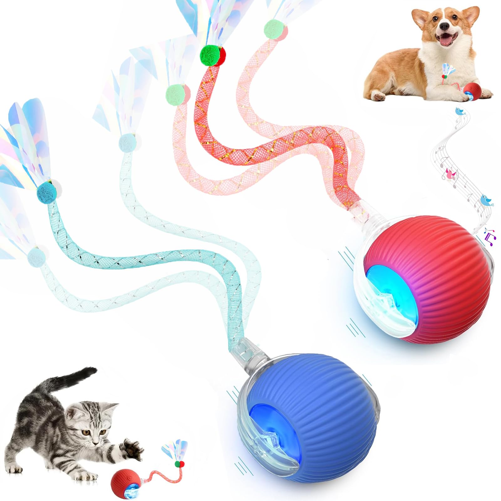 2 Packs Speed 2.0 Tail Interactive Cat Toys for Indoor Cats, Chirping & Motion Activate Cat Toy, Smart Kitten Rolling Ball Movin