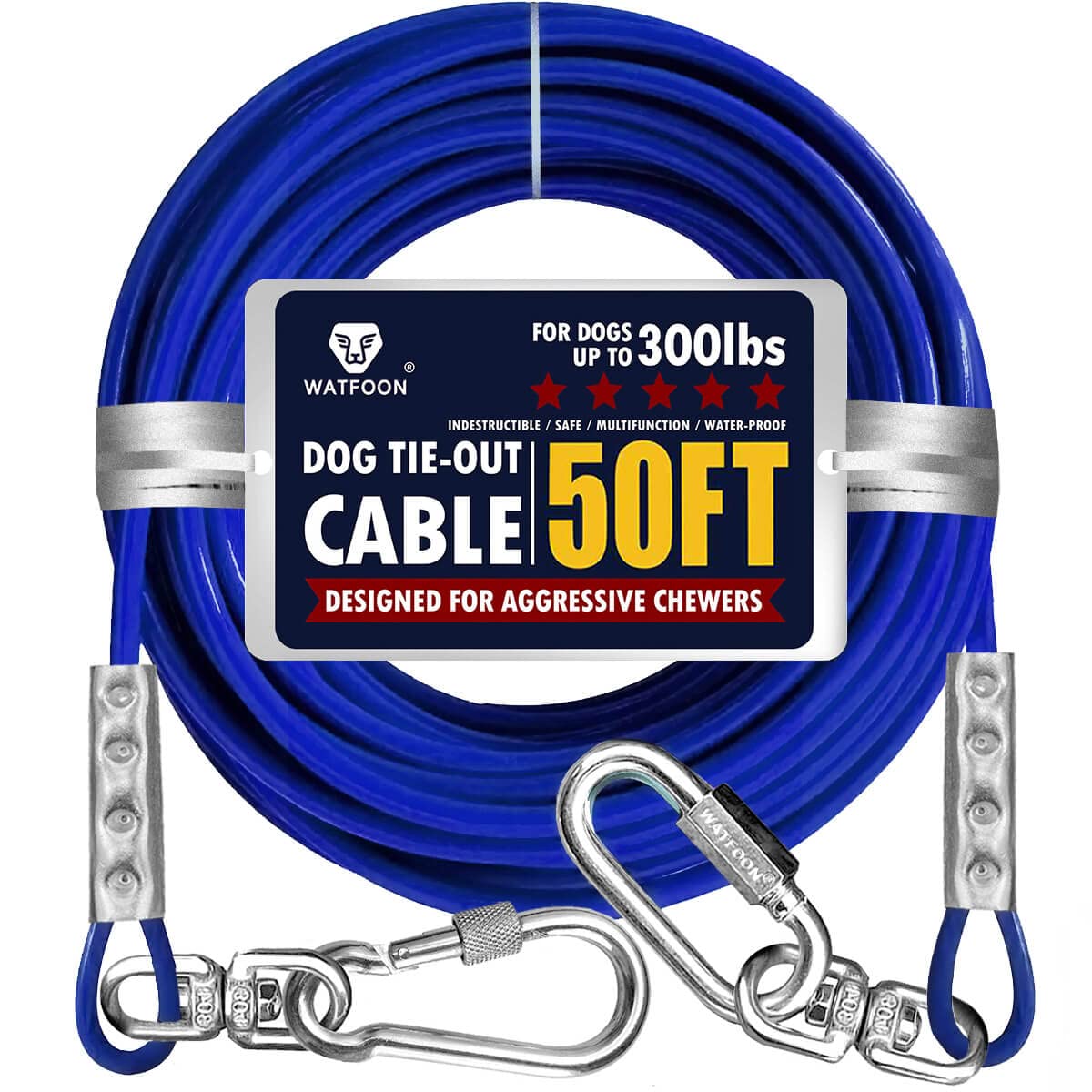 Watfoon 50Ft Dog Tie Out Run Cable For Dogs Up To 300Lbs, Long Dog Chains Training Tether Leash Heavy Duty Dog Run Cable With Stainless Dual Fix Buckle For Yard Garden Park Camping Training Outside