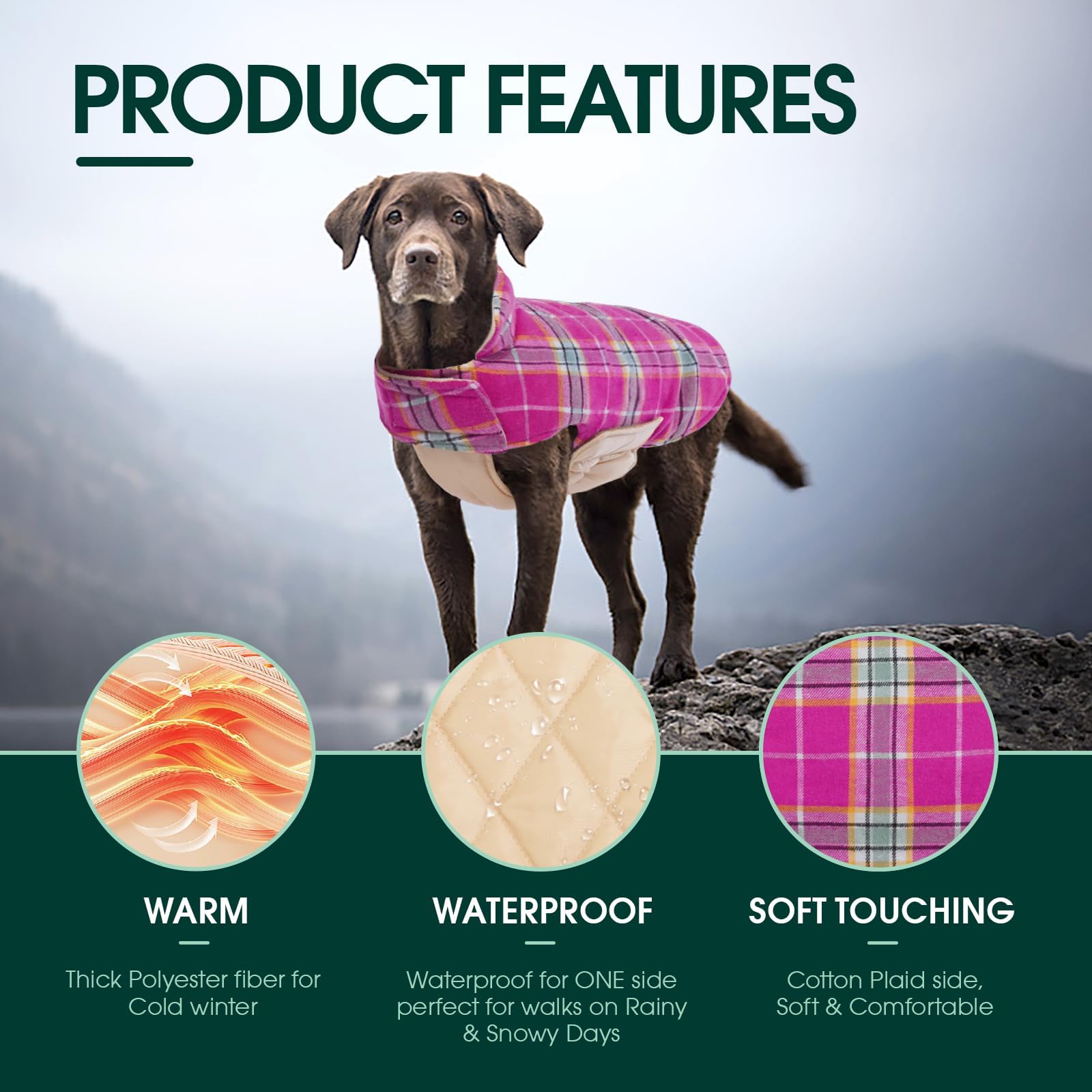 Kuoser Warm Dog Coat, Reversible Dog Jacket Waterproof Dog Winter Coat British Style Plaid Dog Clothes Pet Dog Cold Weather Coats Cozy Snow Jacket Vest For Small Medium Large Dogs Christmas Rose Xl