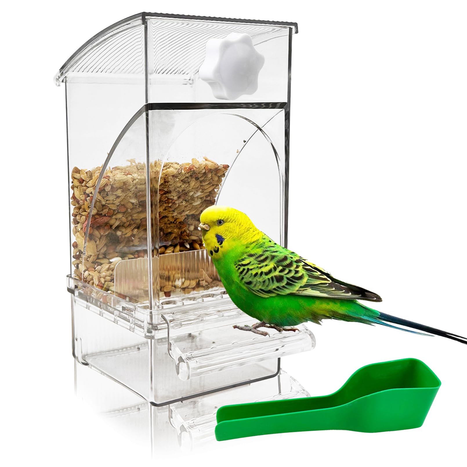 Hamiledyi No Mess Bird Feeder Automatic Transparent Acrylic Parrot Seed Food Container with Perch Bird Cage Accessories for Para