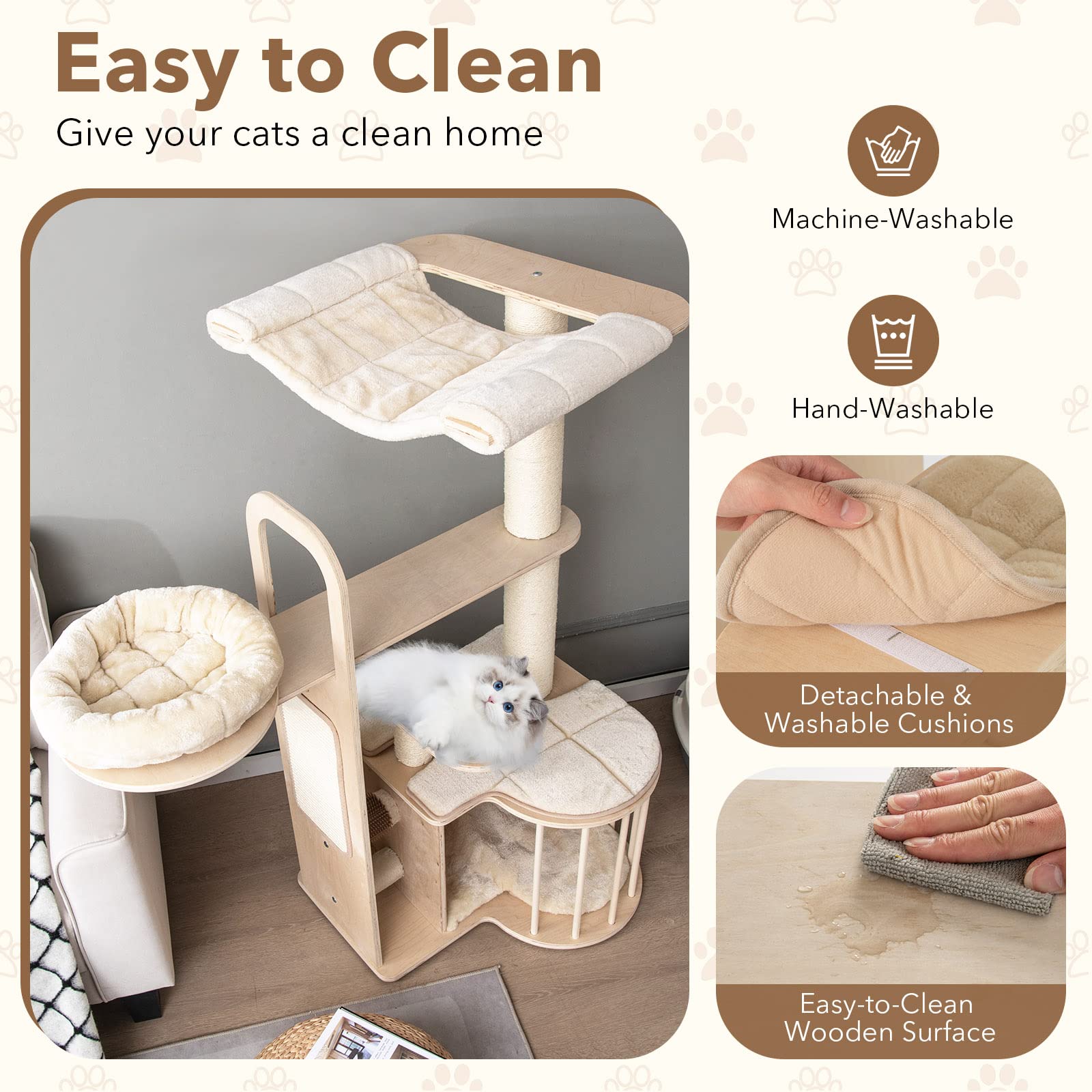 Tangkula Tall Cat Tree For Indoor Cats, 55 Inch Multi-Level Cat Tower Activity Center With Hammock, Cat Condo, Sisal Scratching Posts & Washable Cushions, Wooden Modern Cat Tree Houses For Large Cats