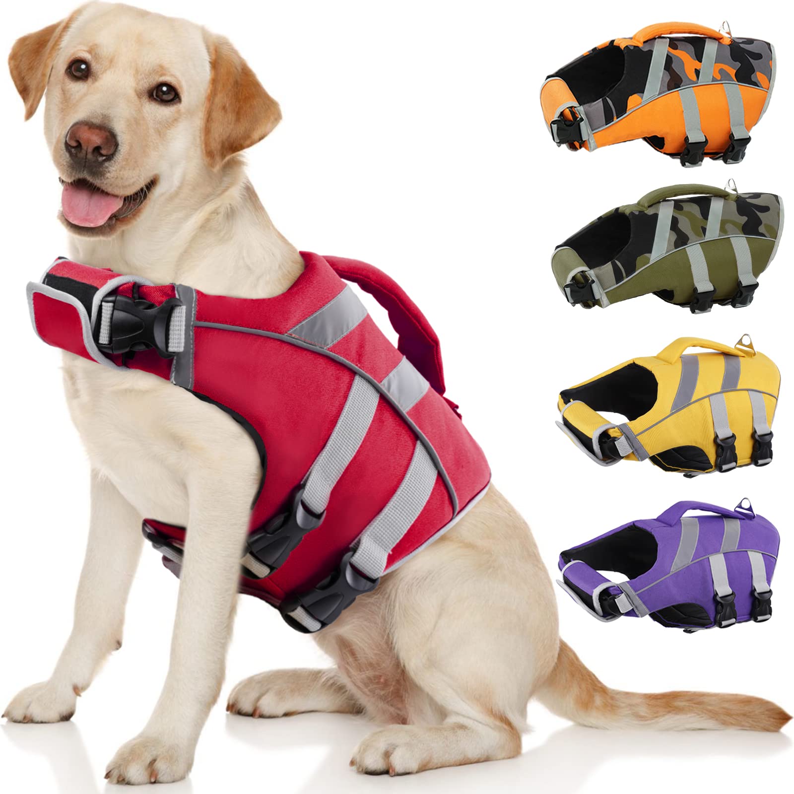Kuoser Dog Life Jacket With Reflective Stripes, Adjustable High Visibility Dog Life Vest With High Flotation Swimsuit For Small Medium And Large Dogs