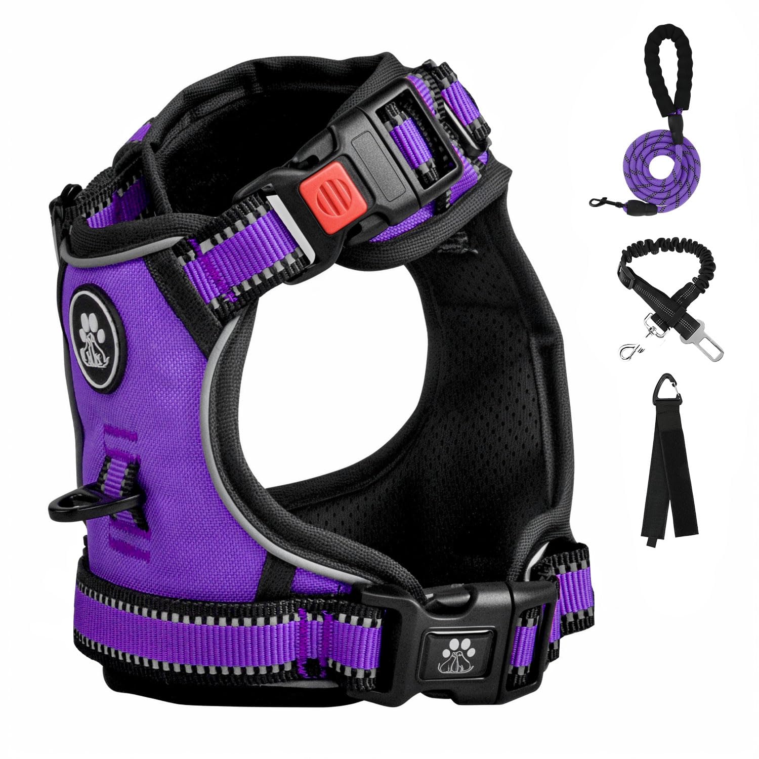 Furryfection No Pull Dog Harness, Reflective Vest Harness With Leash No Choke Soft Padded Dog Vest, Adjustable Front Lead Dog Harnesses With Dog Seat Belt For Small Medium Large Dogs, Purple, S