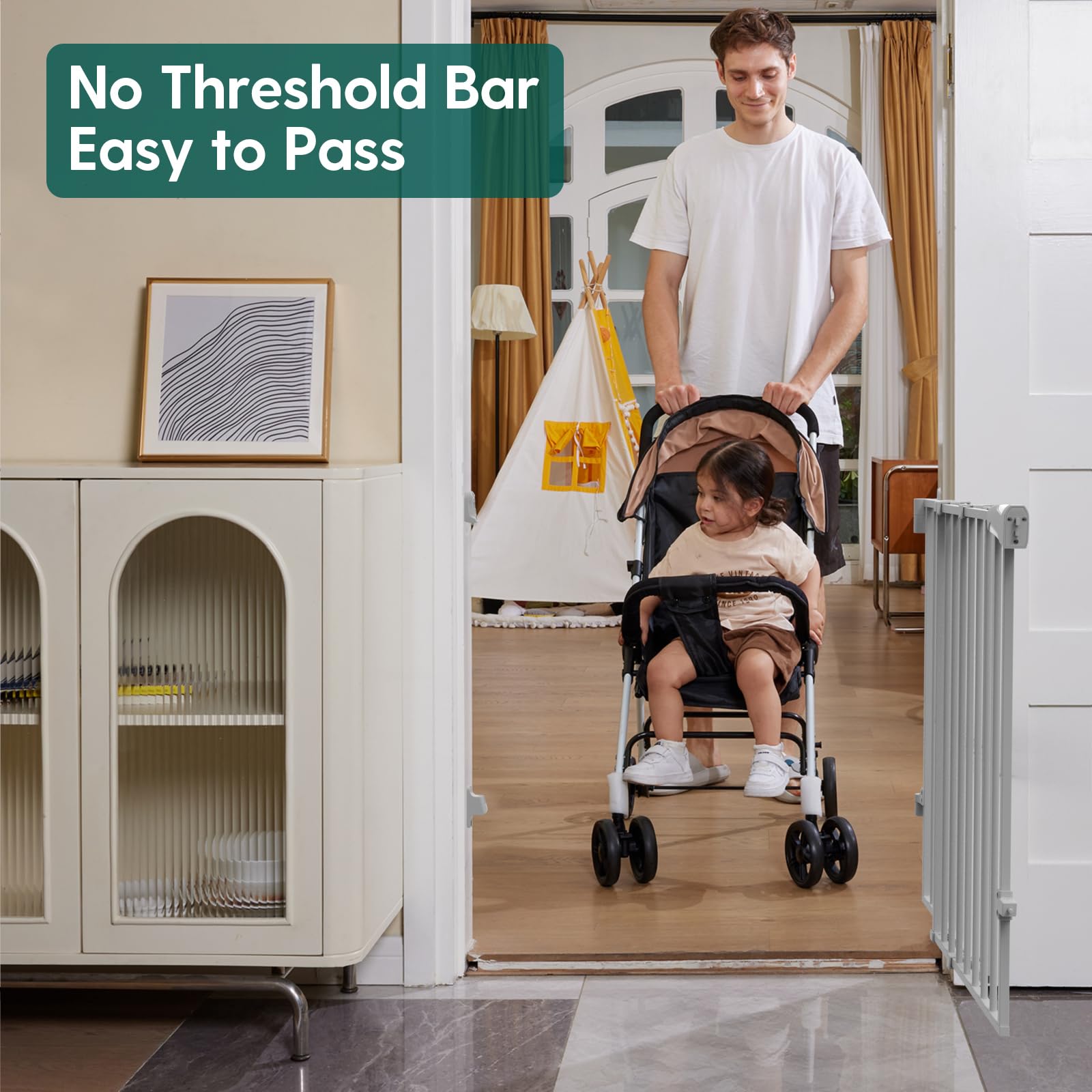 BABELIO 2-in-1 Baby Gate, 26-43" W, 28" H, Gray Alloy Steel, Hardware Mount, Large Walk Thru Door for Babies, Elders,