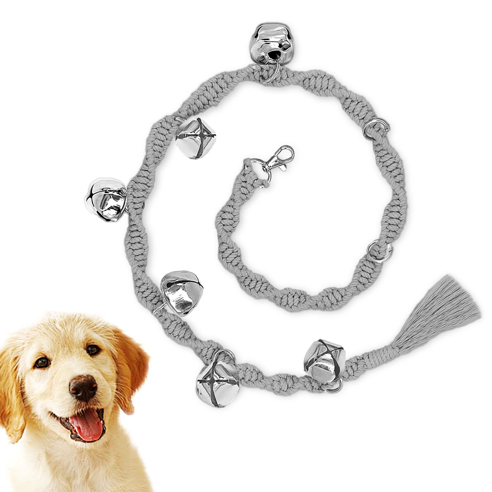 Ginidear Dog Doorbells For Potty Training, Handmade Hanging Dog Bell For Door Knob For Puppies To Ring To Go Outside, Macrame Dog Doorbell Gift. Lightgrey