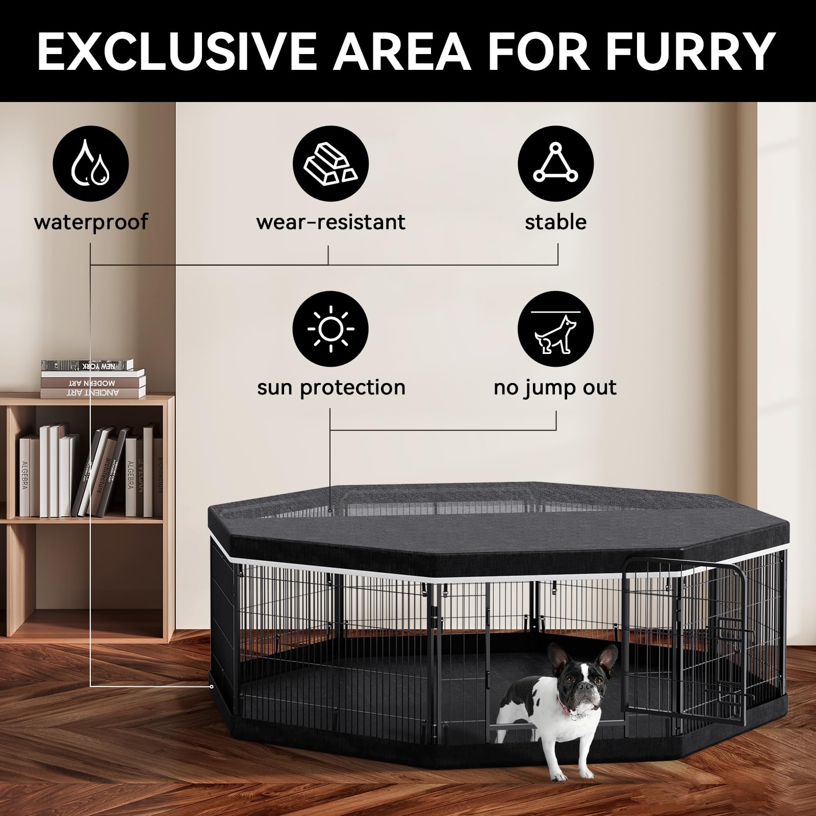 PJYuCien Dog Playpen - 24" H Heavy Duty Metal Pen with Extra Hard Bottom, Foldable 8 Panels, Black, Model FG-24BT-3