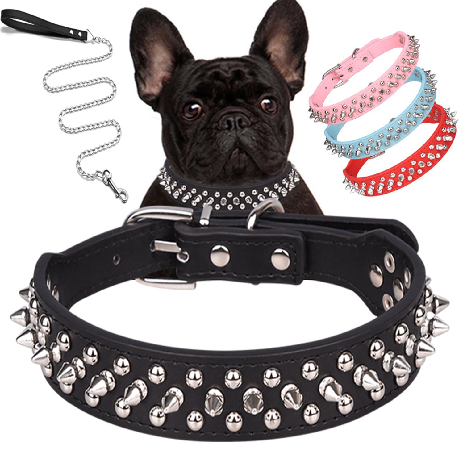 Serijoars Spiked Dog Collar Soft Pu Leather Mushrooms Rivet Spike Studded Dog Collar Adjustable Puppy Collars (M, Black Set)