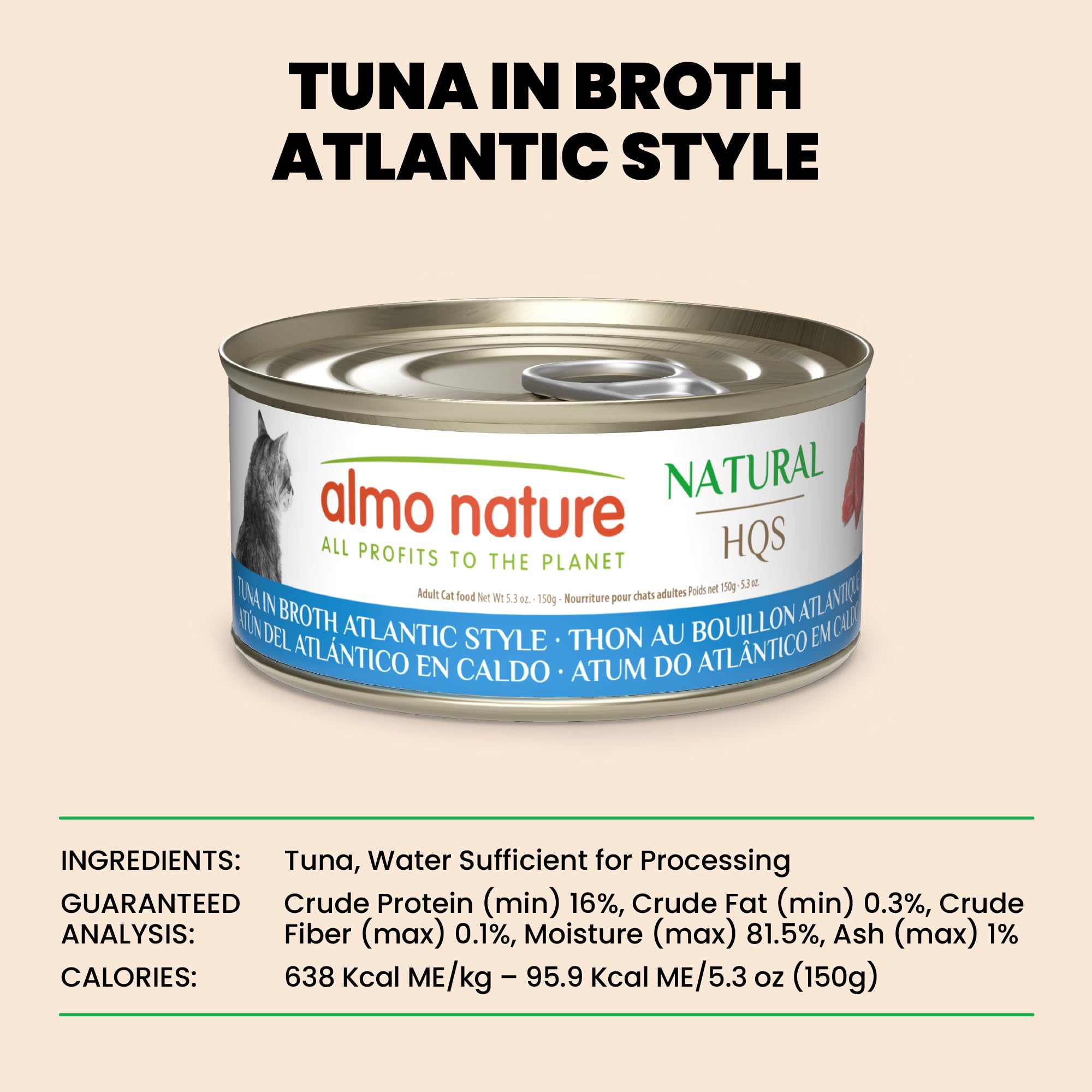almo nature HQS Natural Wet Cat Food Tuna in Broth Atlantic Style, Grain-Free, 5.29 oz (Pack of 24)