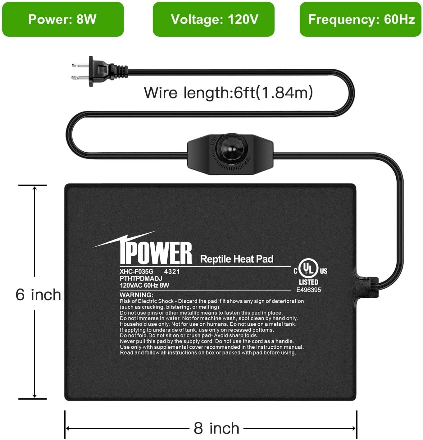 Ipower 6 By 8-Inch Reptile Heat Mat With Temperature Adjustable Controller Knob, Lcd Digital Aquarium Thermometer, Under Tank Wa
