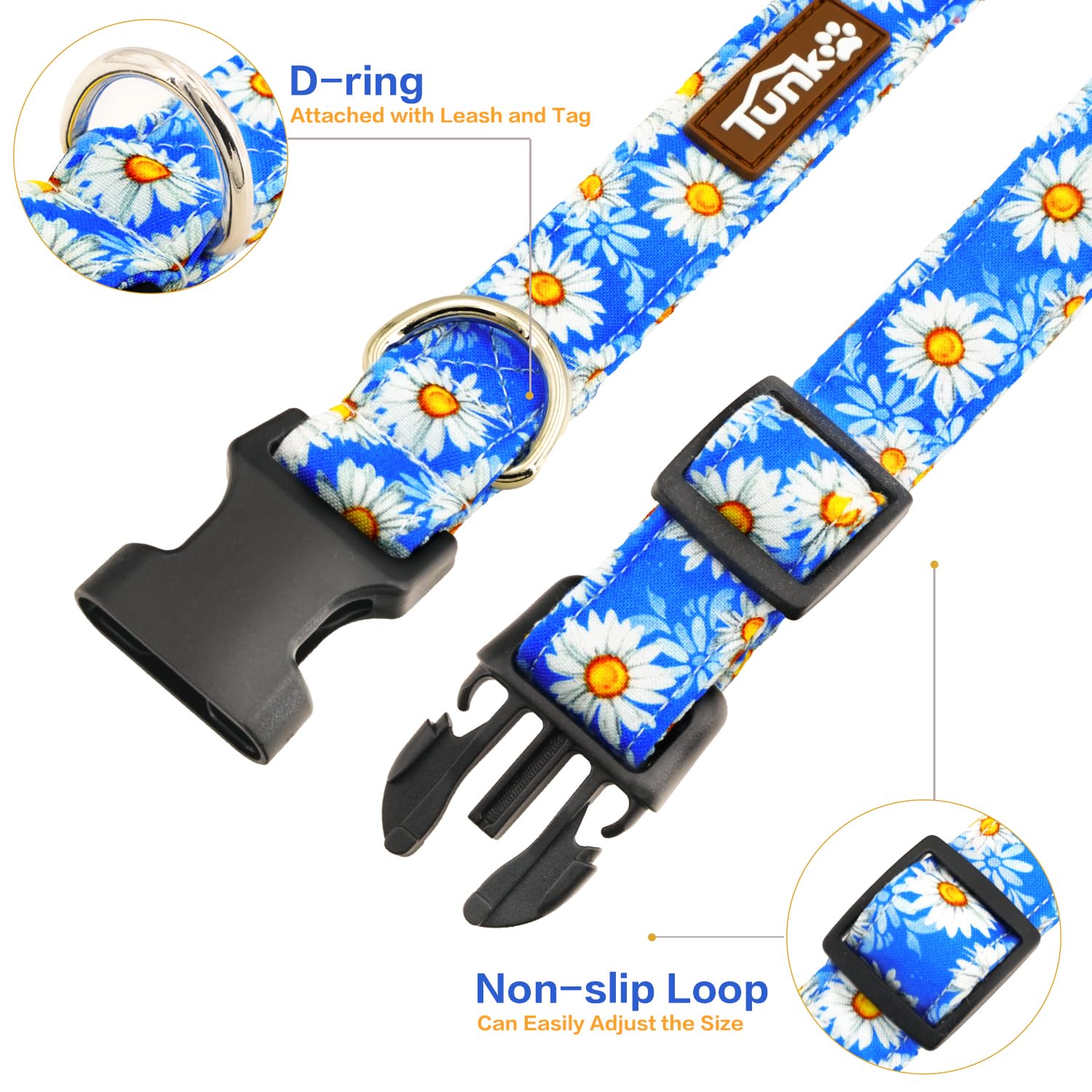 Tunkoo Blue Daisy Dog Collar, Cute Adjustable Premium Cotton Collar Durable Plastic Buckle For Small Medium Large Boys Girls Dog