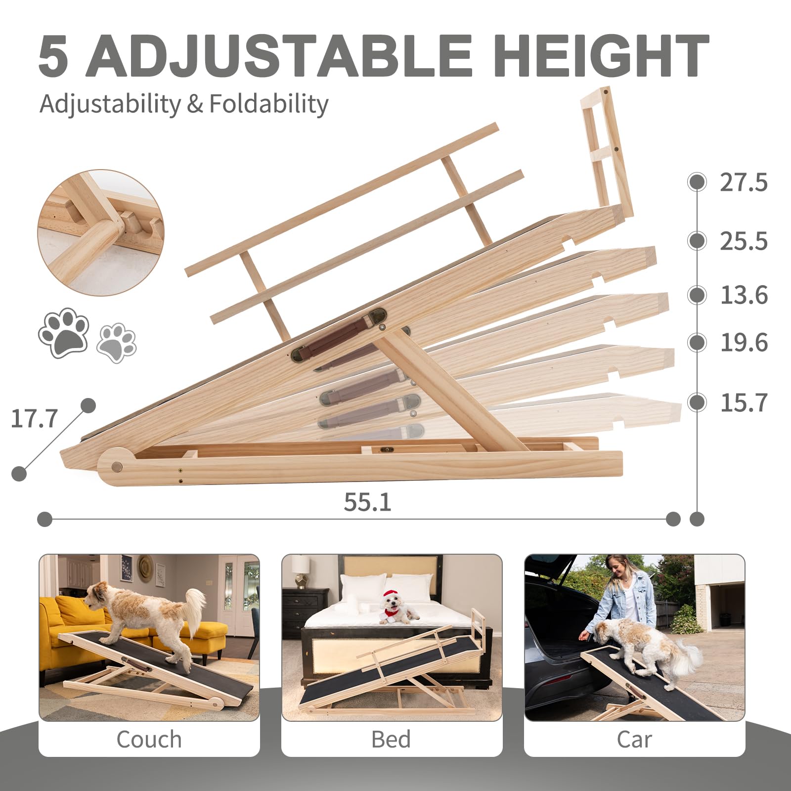 Aboron Antislip Wooden Dog Ramp For High Bed Couch Car, 5-Level Adjustable Folding Pet Ramp For Small & Large Old Dogs & Cats, 1