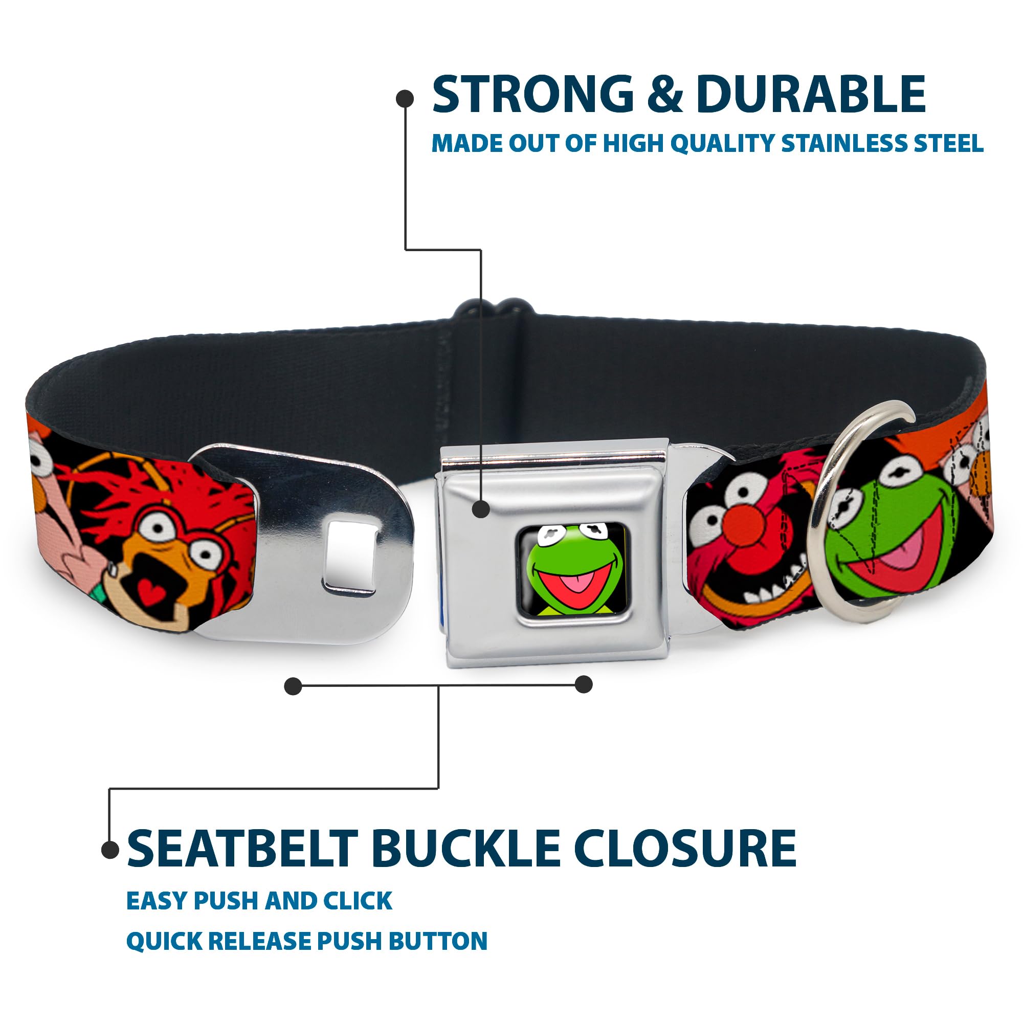 Buckle-Down Seatbelt Buckle Dog Collar - Muppets Faces Black - 1' Wide - Fits 9-15' Neck - Small