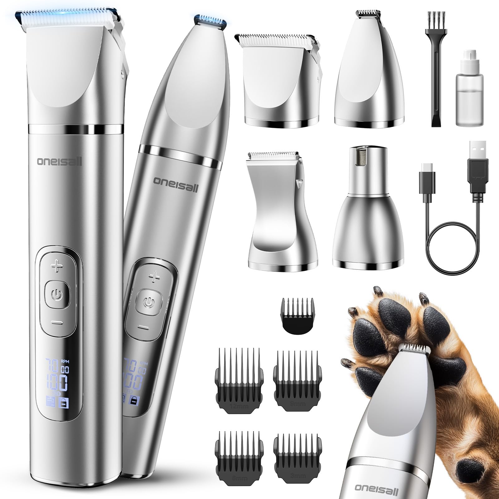 Oneisall 4 In 1 Dog Grooming Kit With Lcd Display, Dog Hair Trimmer For Paw Nail Grinder, Rechargeable Cordless Low Noise Ipx7 W