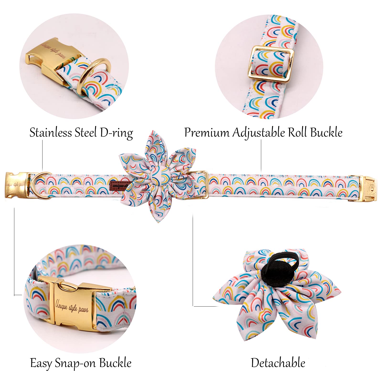 Uniqe Style Paws Flower Dog Collar, Adjustable Dog Collar With Flower, Durable Rainbow Floral Pattern Pet Collar For X-Large Dogs