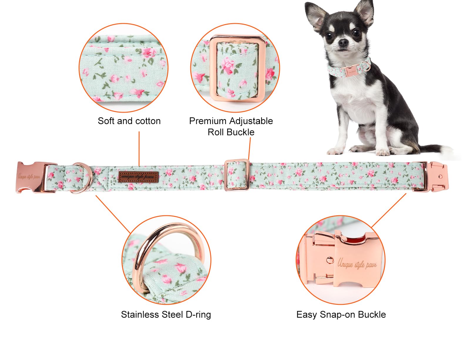 Unique Style Paws Dog Collar Metal Buckle Green Flowers Collar Gift Durable Cute Collar For Small Medium Large Boys Girls Dogs
